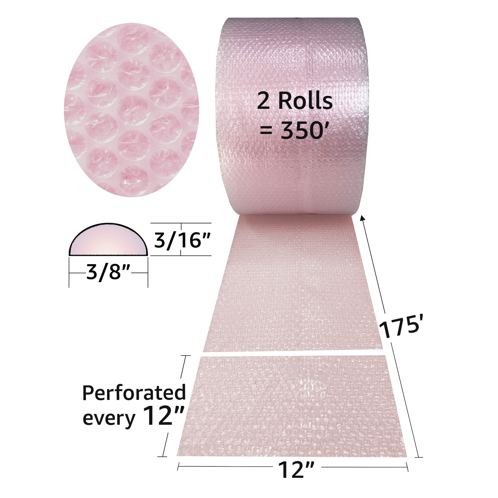 UOFFICE 2 Pink Anti-Static Bubble Rolls 175'x12" - Small Bubbles 3/16" Wrap 350'