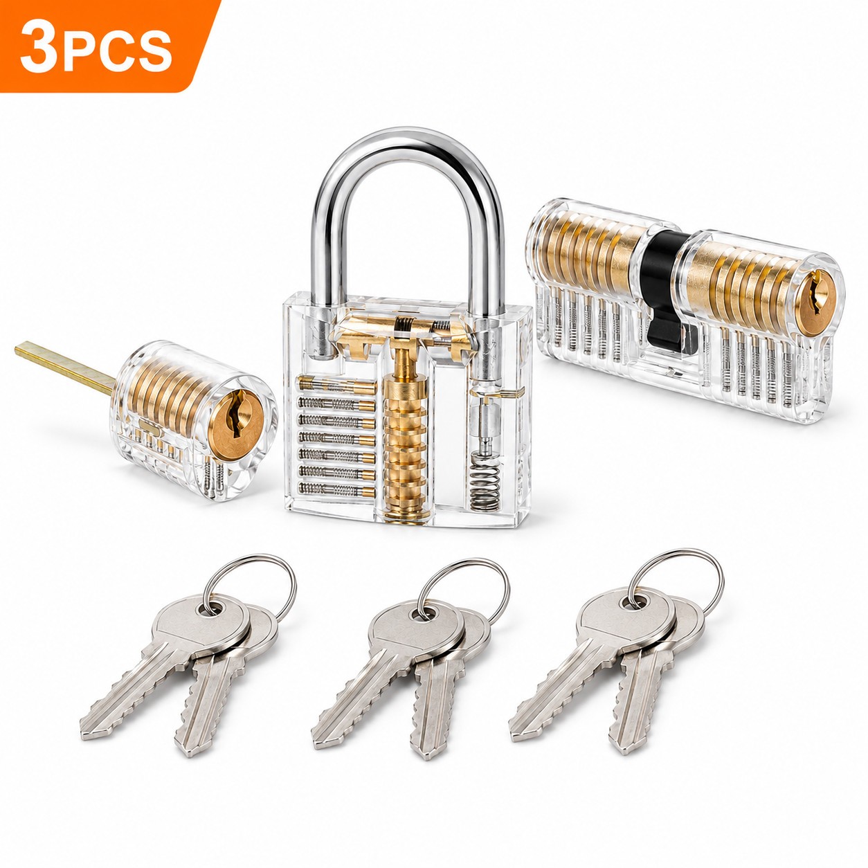 3PC Transparent Clear Acrylic Practice Padlock Cutaway Pin Tumbler Training Kit