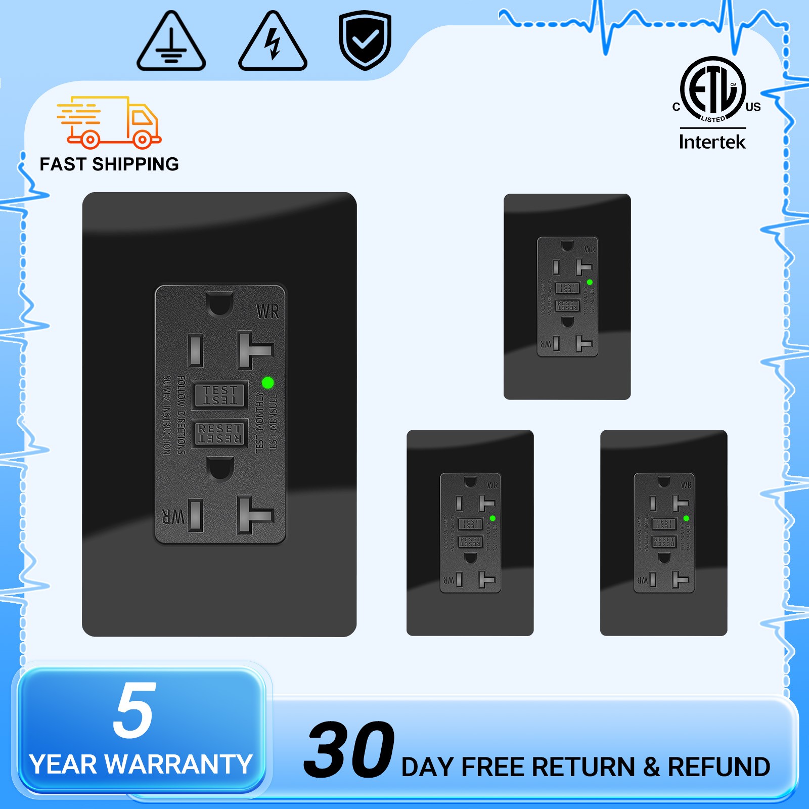 4× 20A/125V GFCI Outlet Black WR TR LED Indicator ETL Instant Power Cutoff