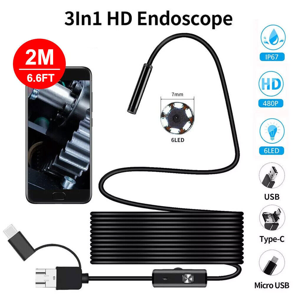 USB Snake Endoscope Borescope HD Inspection Camera Scope 6LED Lights Waterproof