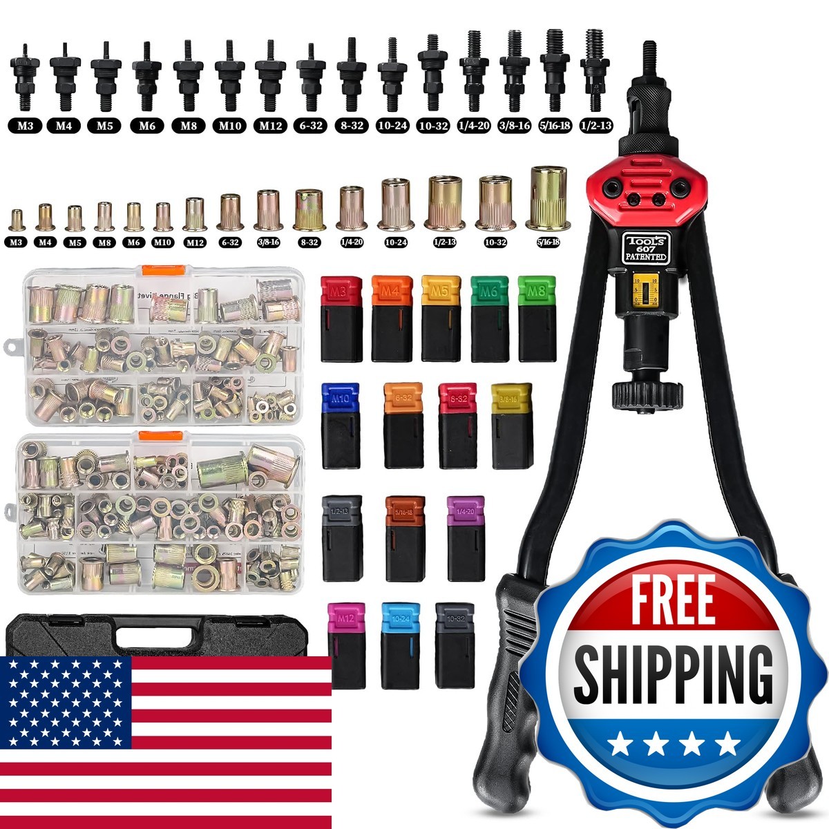 GARGENTOL Rivet Nut Tool Kit 16-Inch 15 Metric SAE Mandrels 200pcs with Case