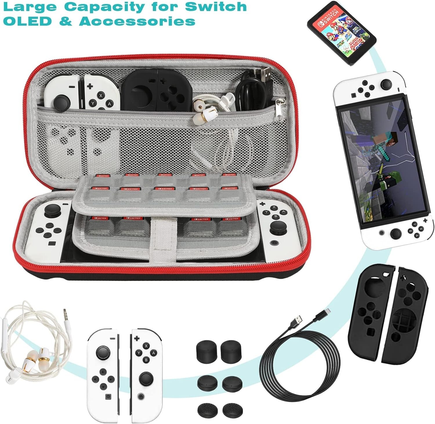 Accessories Kit for Nintendo Switch OLED Games Bundle Carrying Case Screen NEW