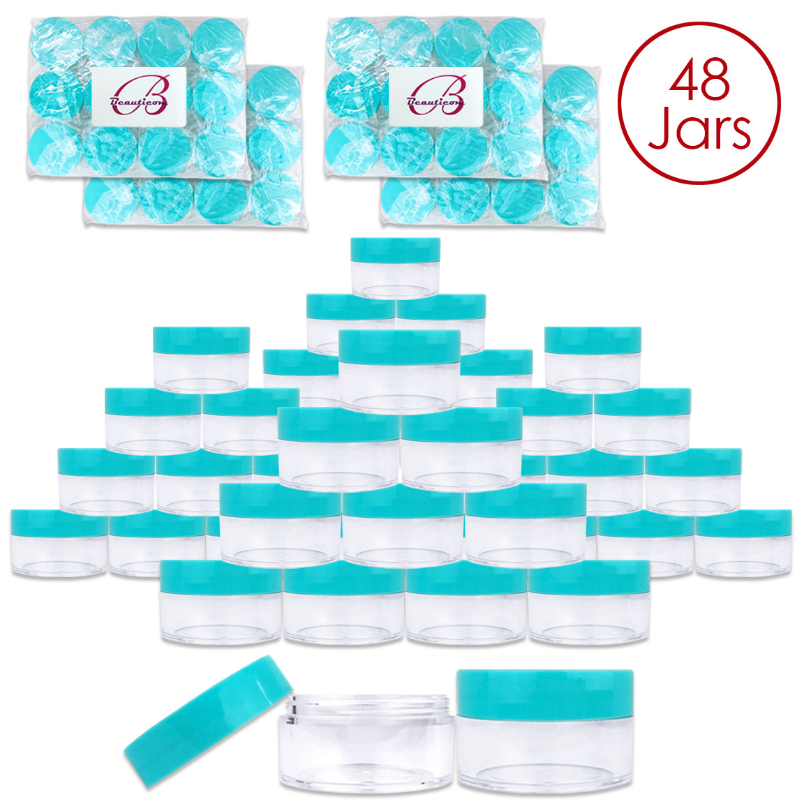 Beauticom® (48 PCS) 20G/20ML Round Clear Plastic Refill Jars with Teal Lids