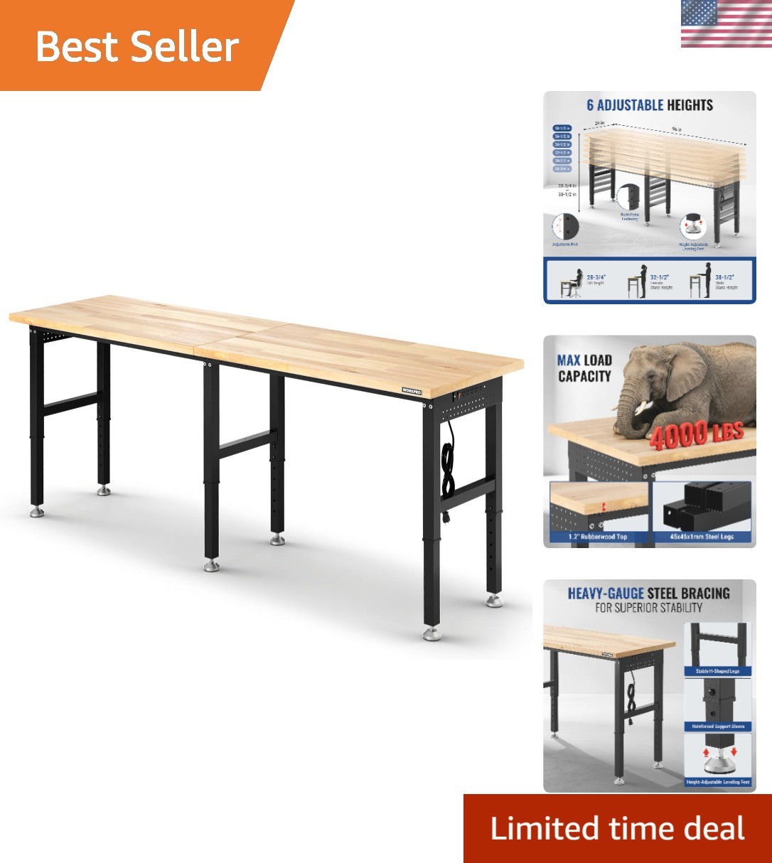Industrial 96" Adjustable Workbench with Pegboard Organization & Power Access