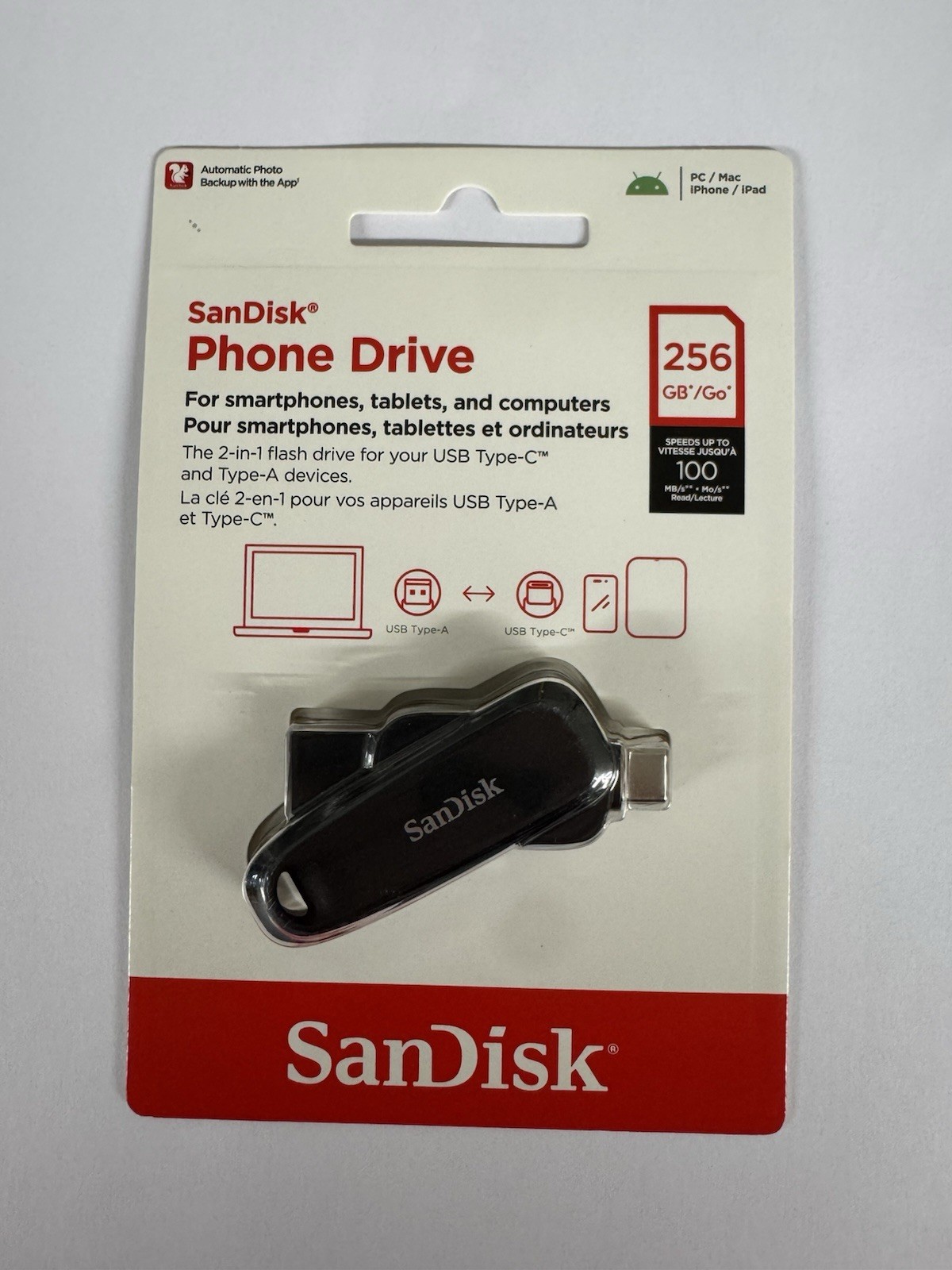 SanDisk Phone Drive 256GB USB Flash Drive USB-C + USB-A 2-in-1 Black New Sealed