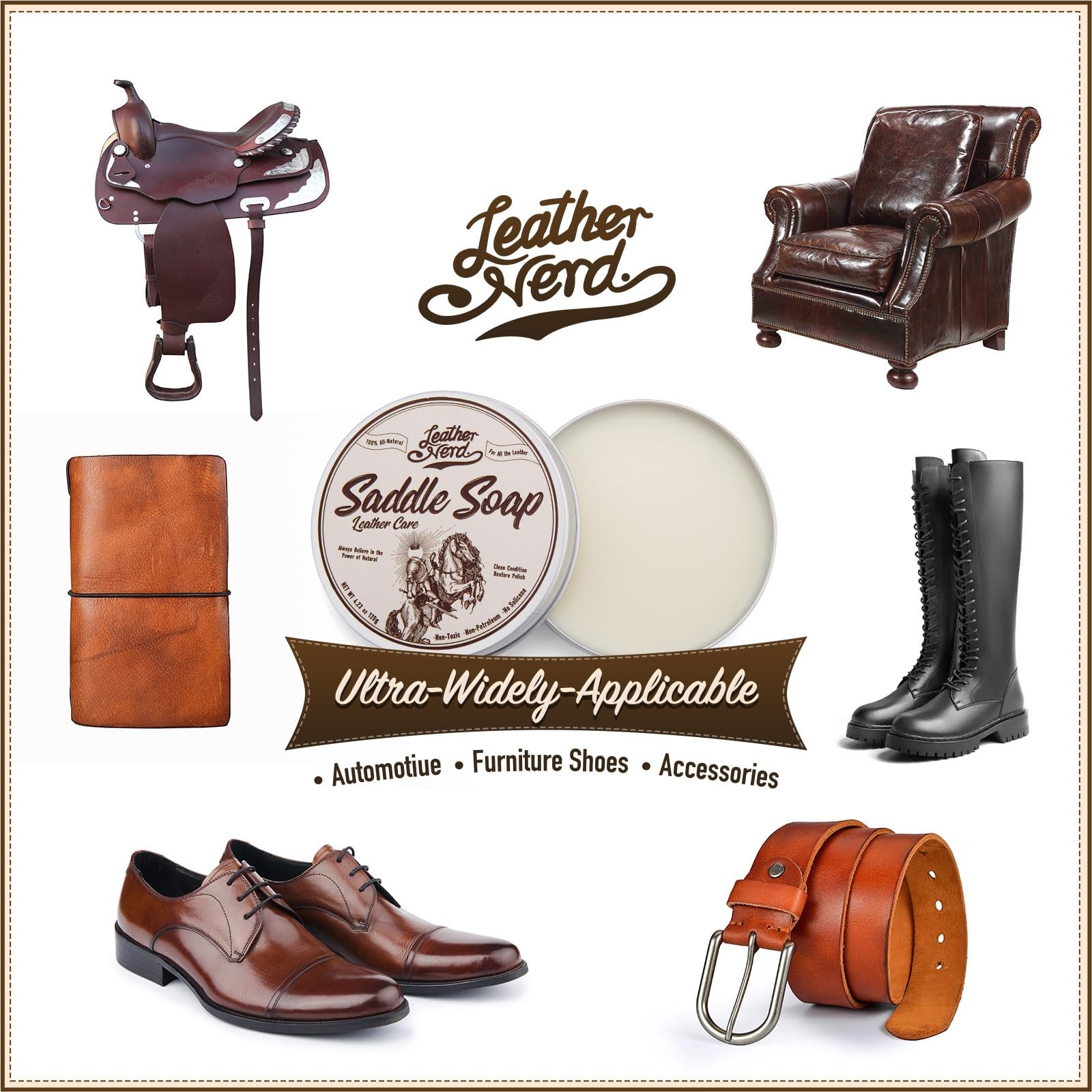 Saddle Soap for Leather, Leather Nerd 4.23 Oz Kit, White