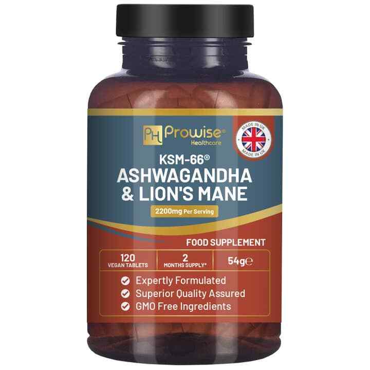 KSM-66 Ashwagandha 1500mg/Lion's Mane 700mg/Bioperine 20mg 120 Vegan Tabs UK