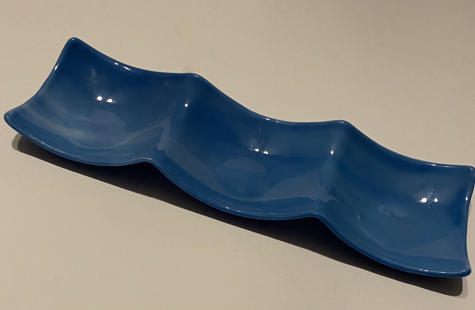 Blue Glass Trinket Tray w/ 3 Sections 10.5”x3”