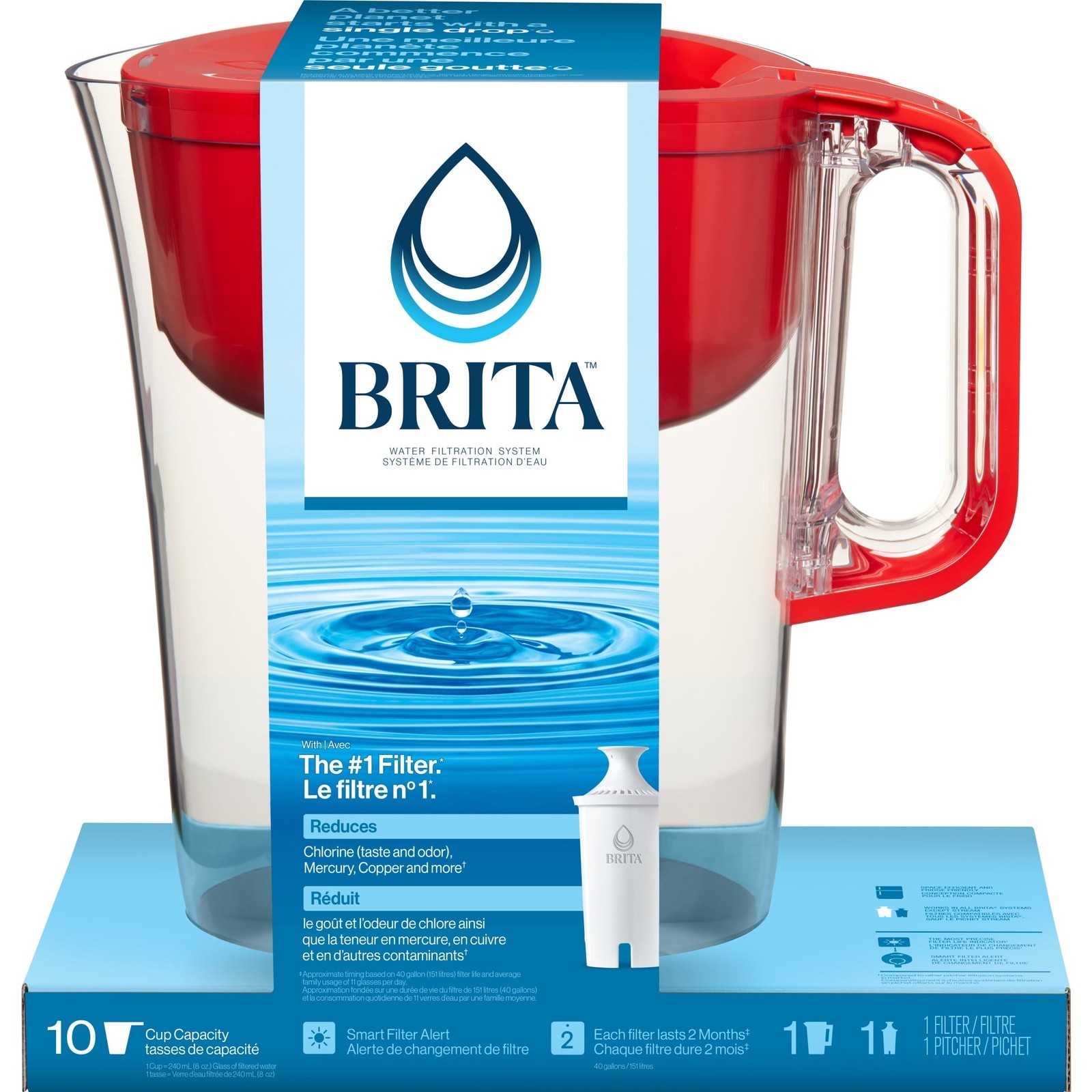 Large 10 Cup Red Huron Water Filter Pitcher with 1 Standard Filter Without BPA
