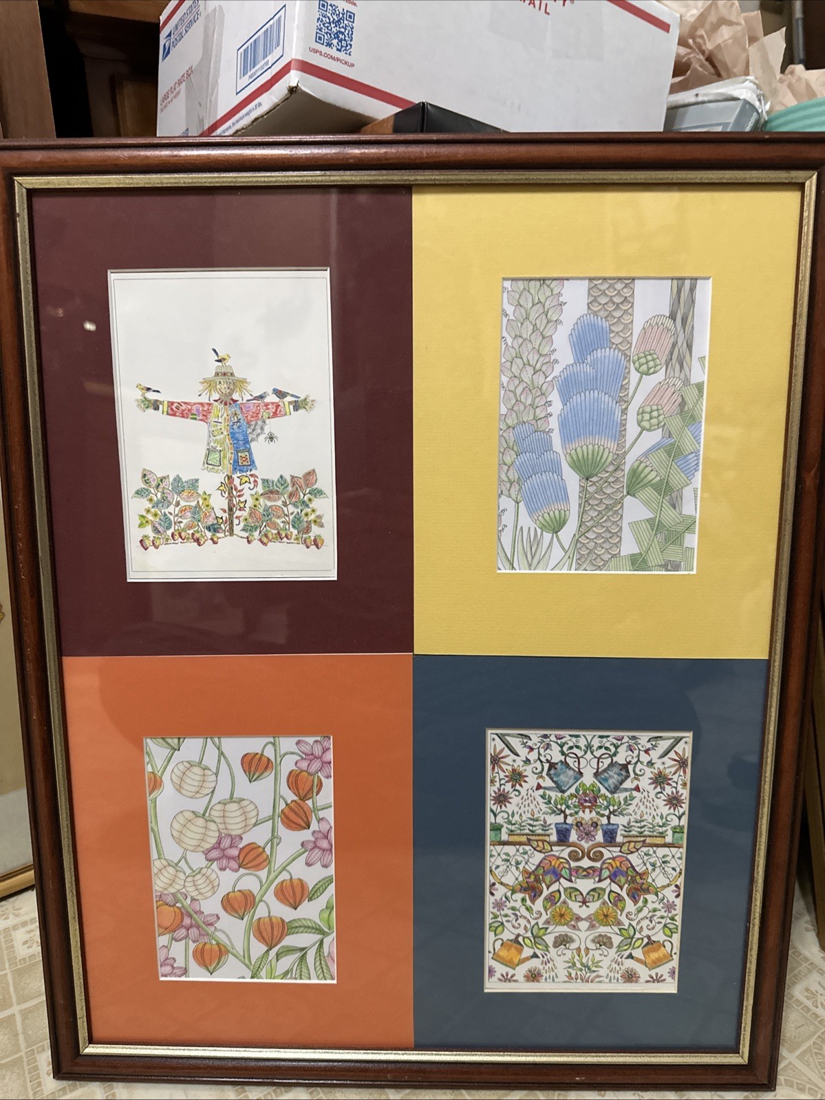 ARTIST DRAWINGS Pencil Marker Scarecrow Pepper Flowers 4-Drawing Collage G9