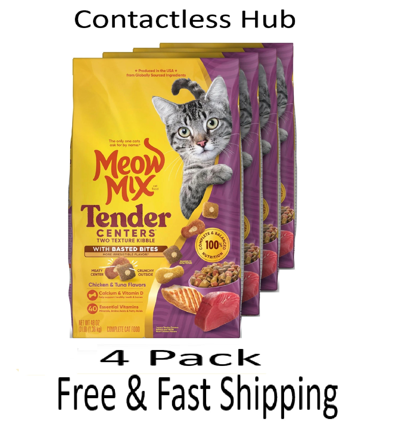 Meow Mix Tender Centers, Chicken &Tuna Flavors, Dry Cat Food,4 Pack of 3 lb each