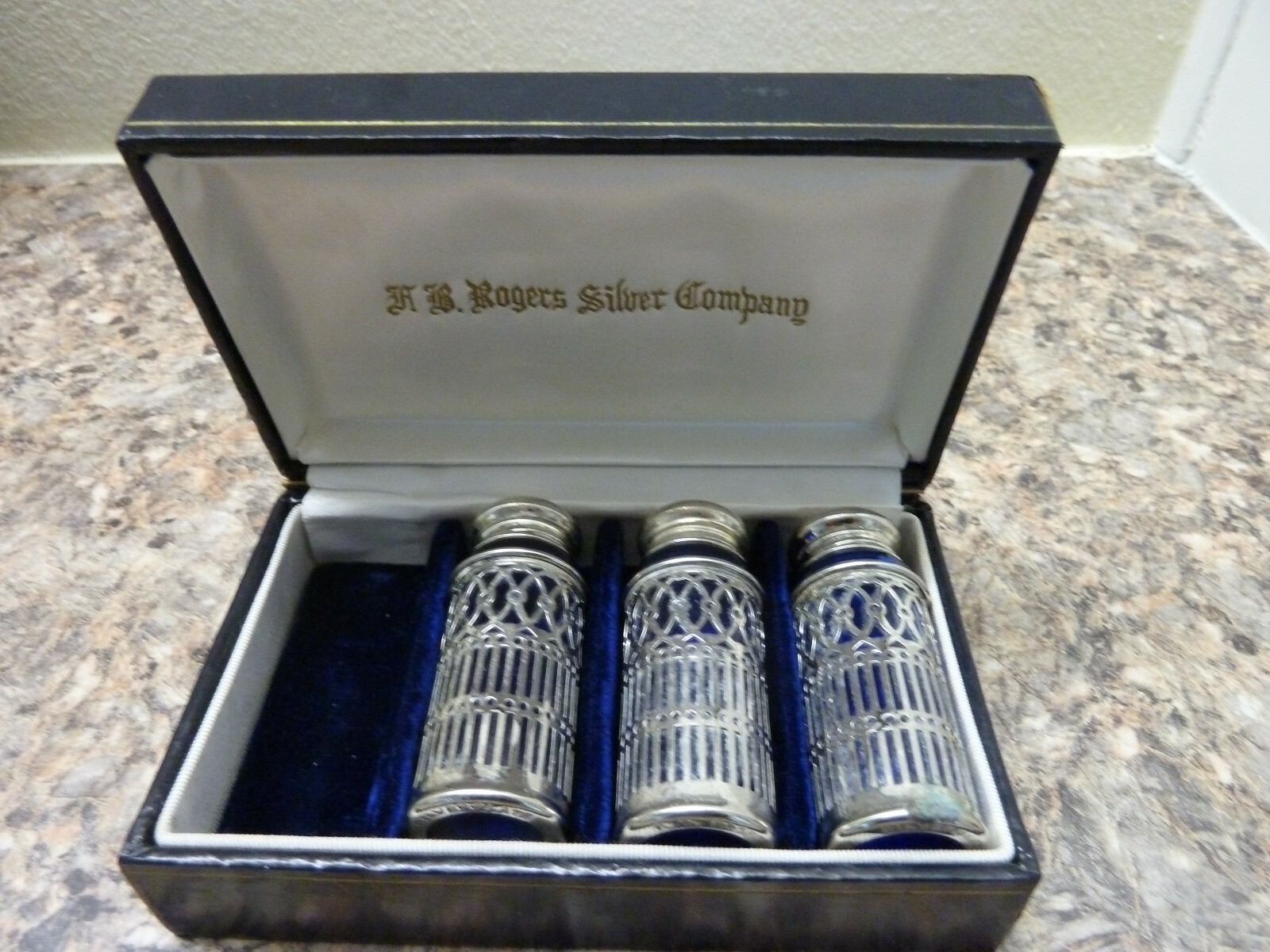 F B Rogers Silver Co Silverplate & Cobalt Blue Glass Salt & Pepper Shakers Japan