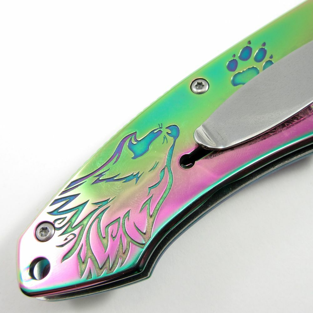 SPRING-ASSIST FOLDING POCKET KNIFE | Rainbow Blade Howling Wolf Tactical Hunter