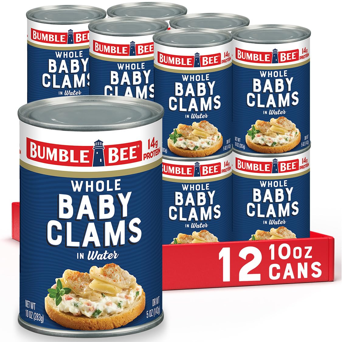 Whole Baby Canned Clams, 10 Oz Can (Pack of 12) - Ready to Eat - 13G Protein per