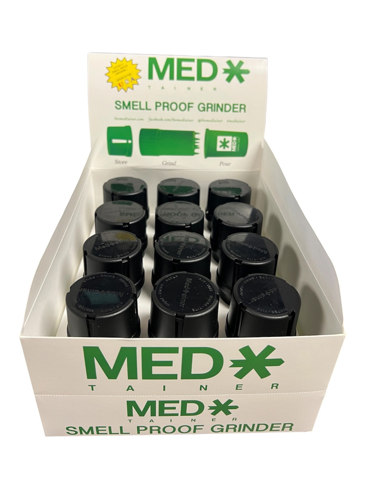 NEW 12CT MEDTAINER STORAGE CONTAINER W/ BUILT IN GRINDER SMELL PROOF ASST Black
