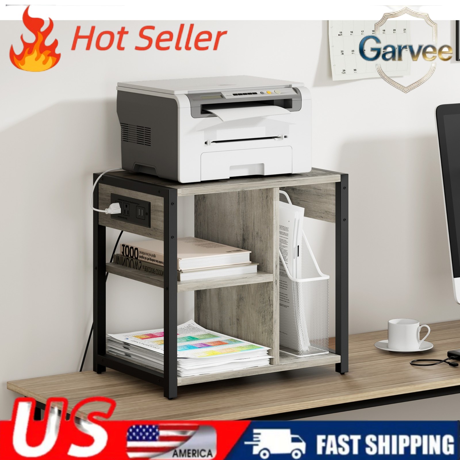 Utility Storage Cart Printer Stand with Power Outlets Mobile Under Desk Small