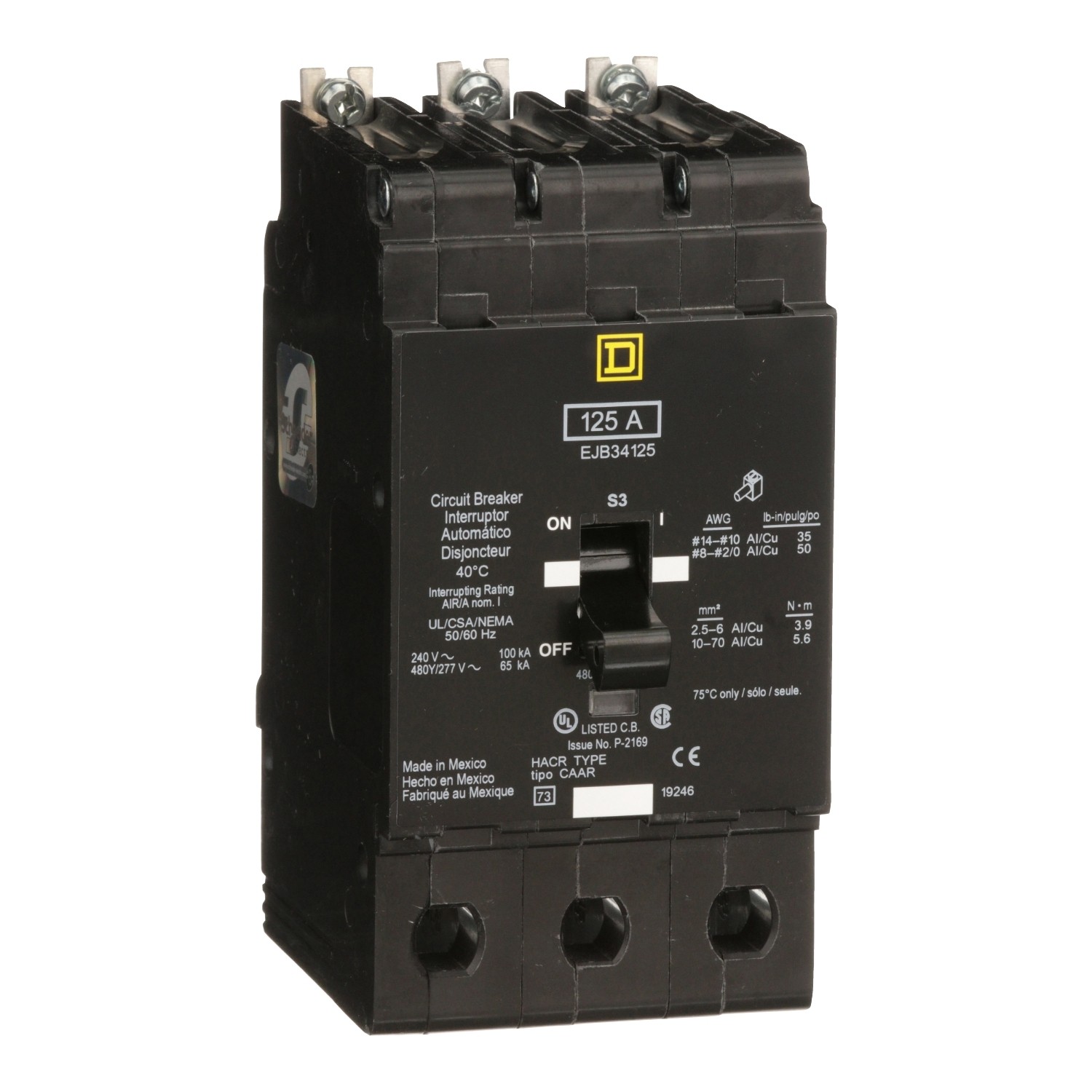 Schneider EJB34125 - MCB, E-Frame, 125A, 3 pole, 480Y/277VAC, 100kA max, bolt on