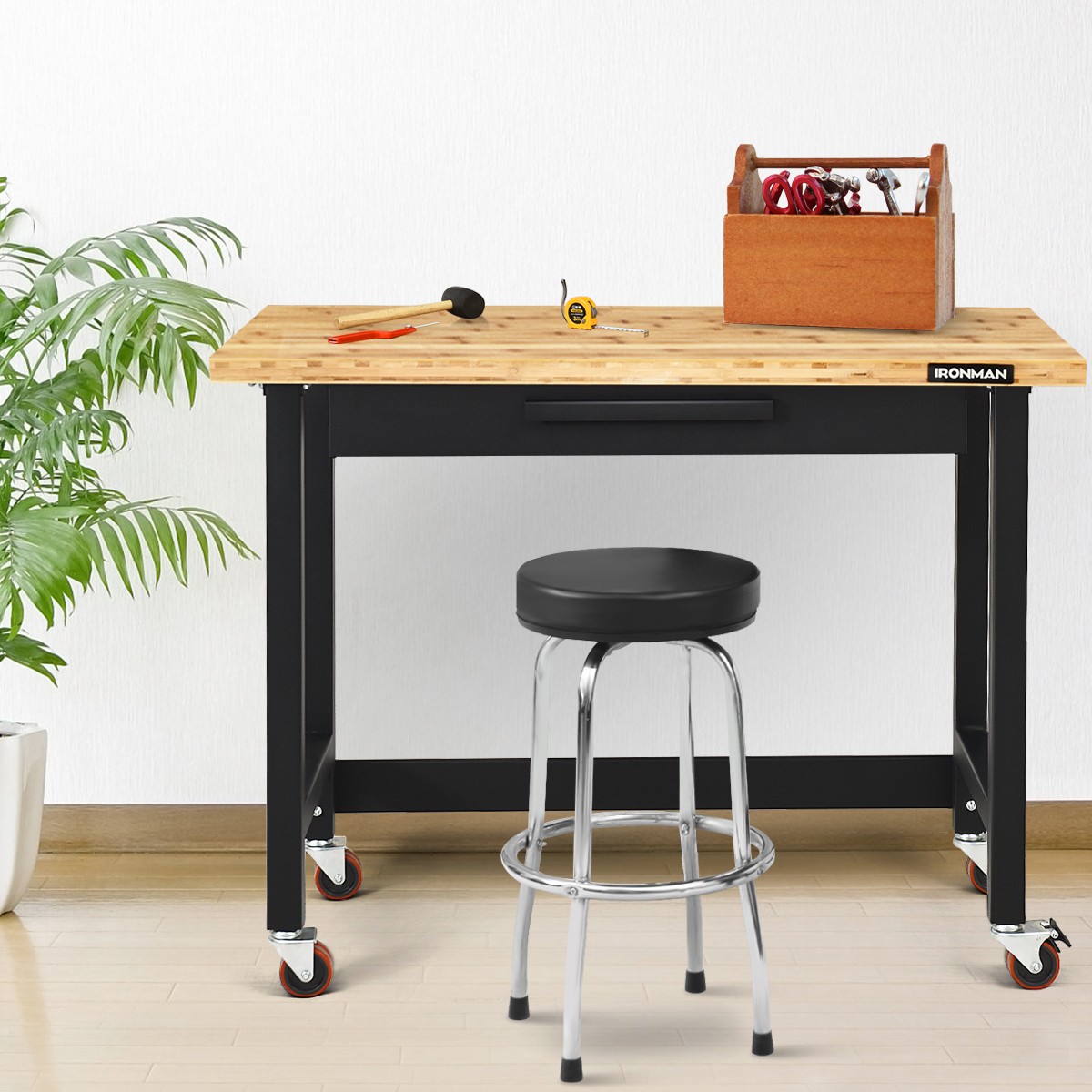 48 Inch Mobile Workbench Bamboo Top Modern w/Rubber Wheels and Organizer Drawer