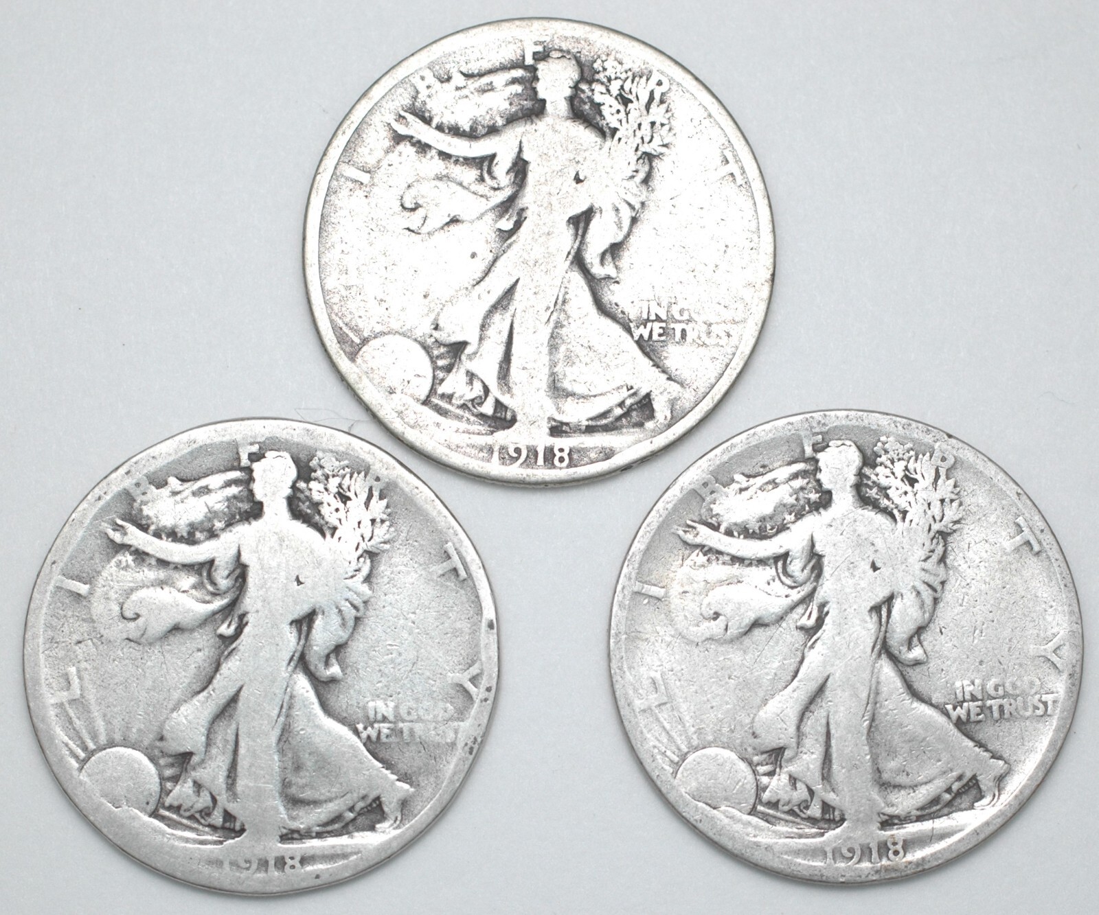 1918-P-D-S Walking Liberty Silver Half Dollar year mint set 3 coins