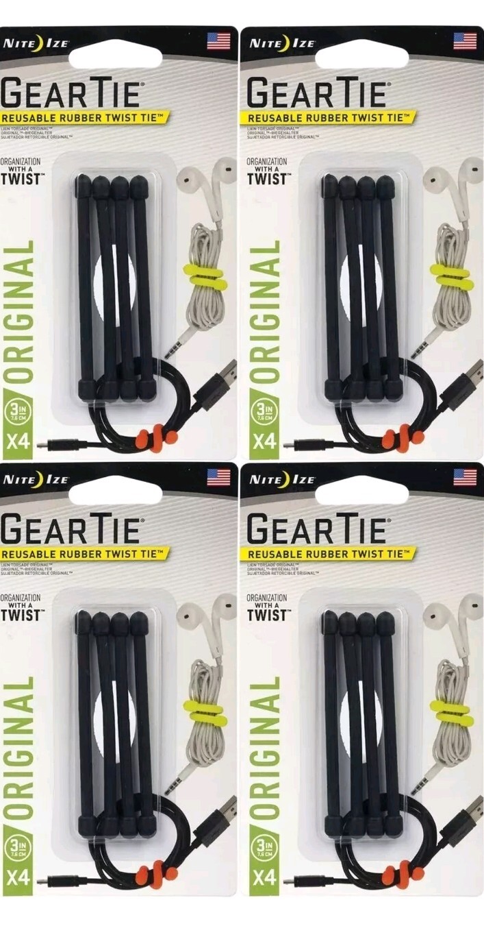 Nite Ize 4-Pack Gear Tie Reusable Rubber Twist Tie, 3" - Black (4-Pack)