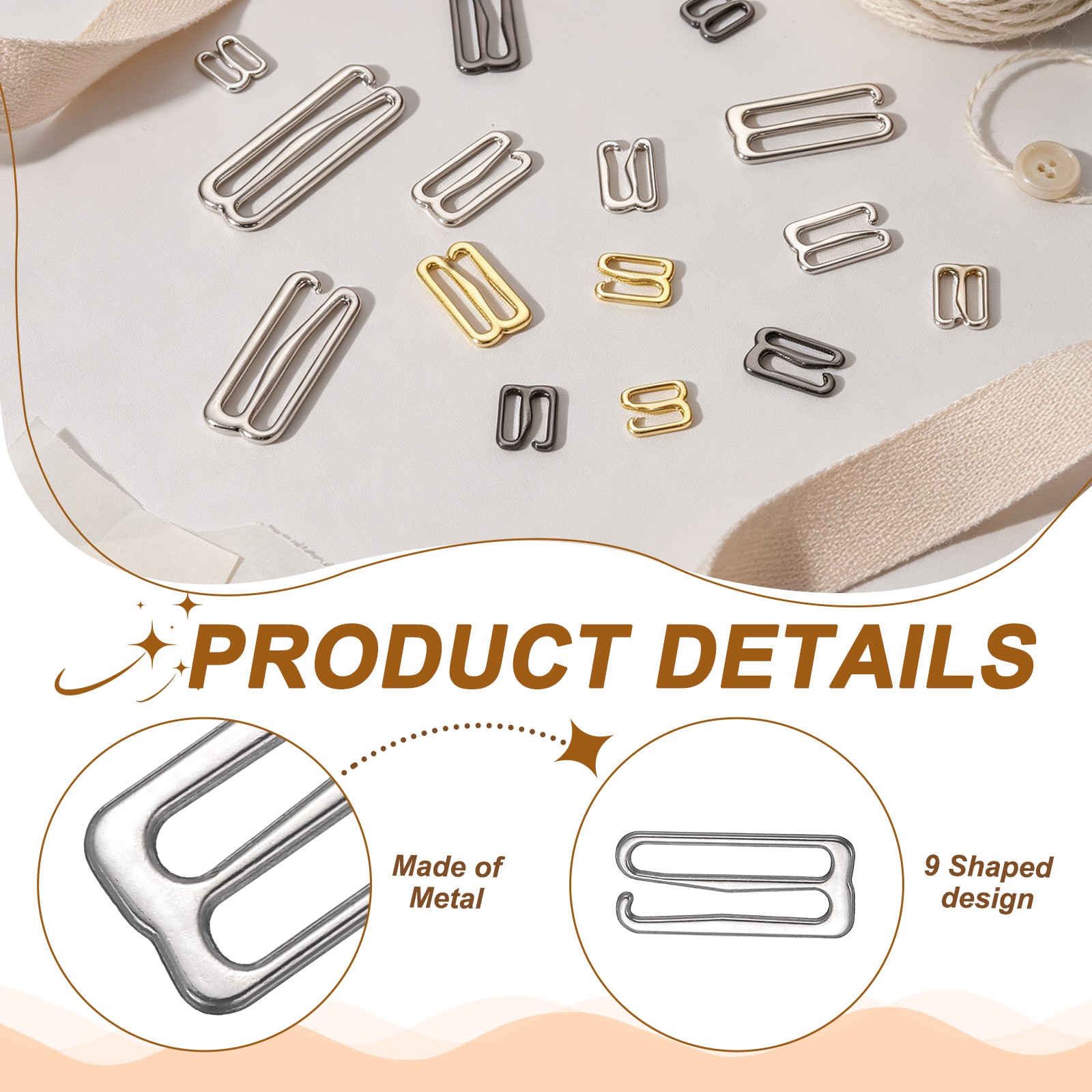 50Pcs Bra Hooks for Straps 20mm 9 Shaped, Silver