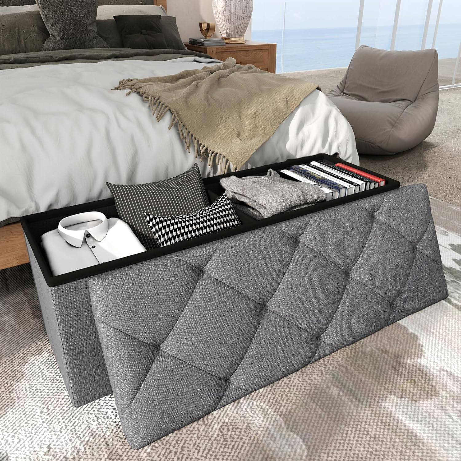 Folding Ottoman with Storage Bench,Storage Ottoman Bench,30 Inches Ottoman Foot