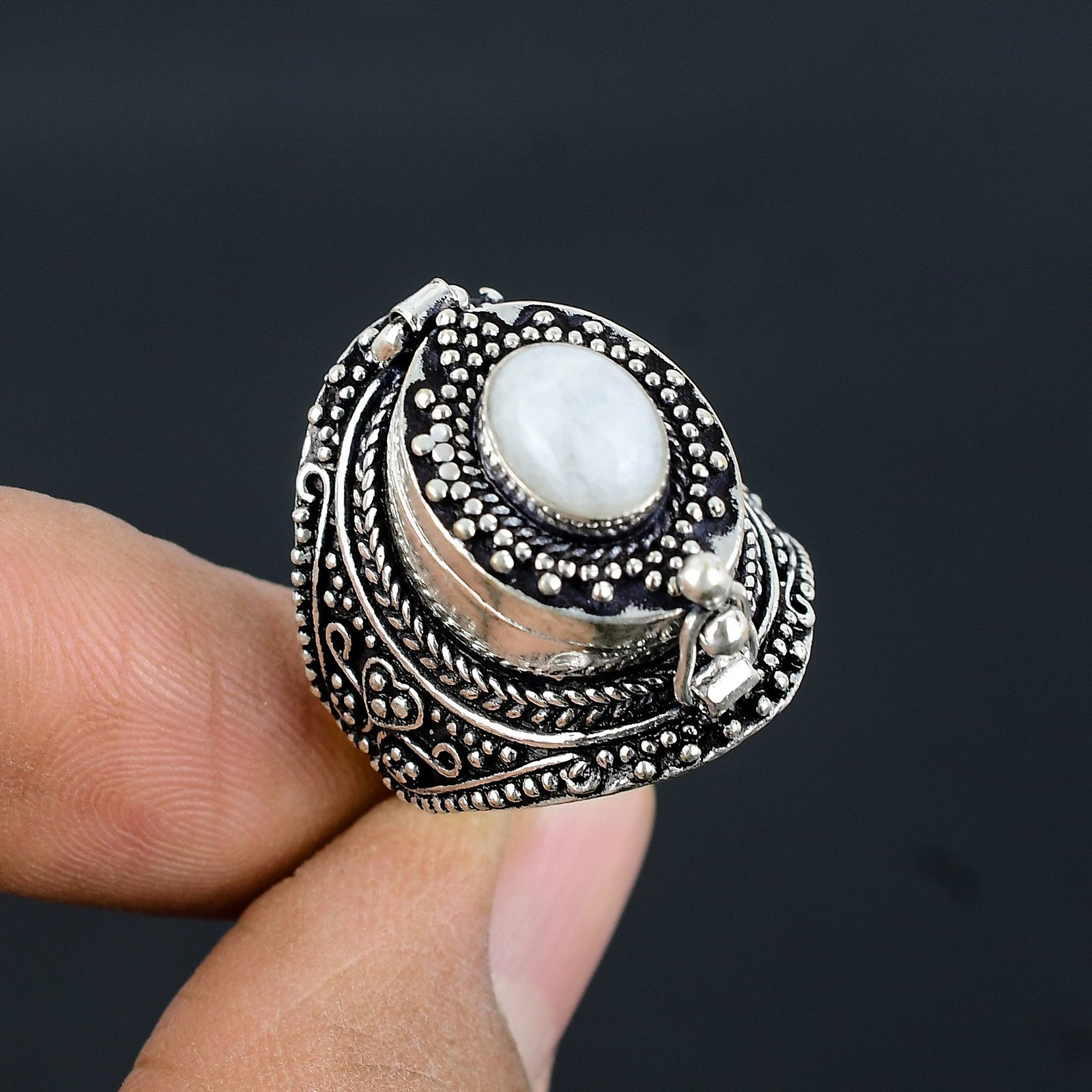 Rainbow Moonstone Gemstone Handmade 925 Sterling Silver Poison Ring Size 9 P356