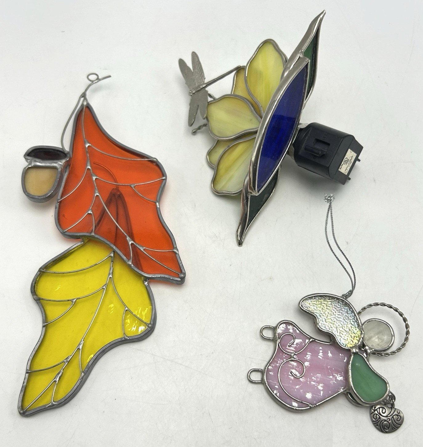 Artisan Stained Glass Lot Dragonfly Flower Plug In Night Light Leaf Angel Lot