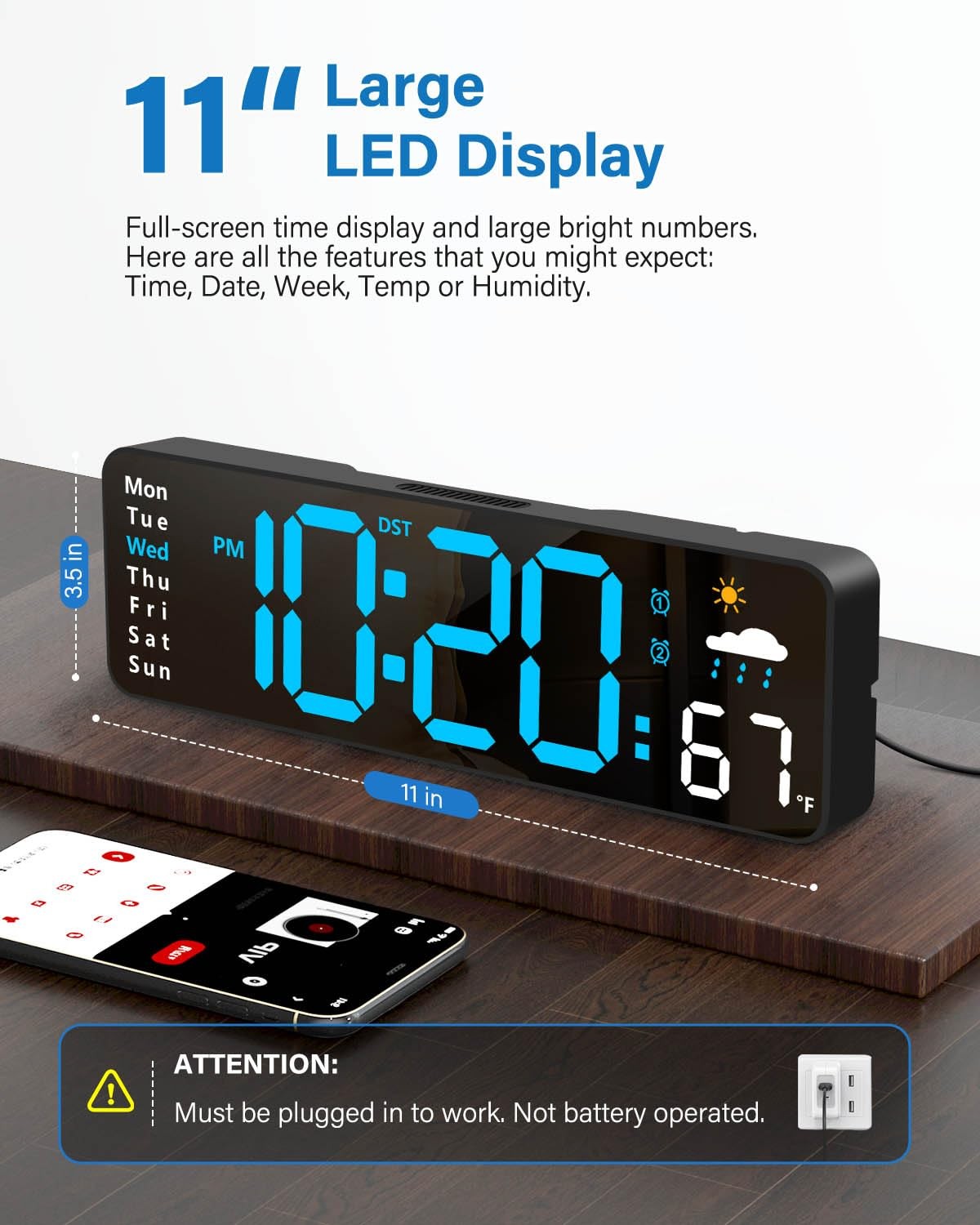 Digital Wall Clock, Digital Clock Large Display with Remote Control, Corded L...