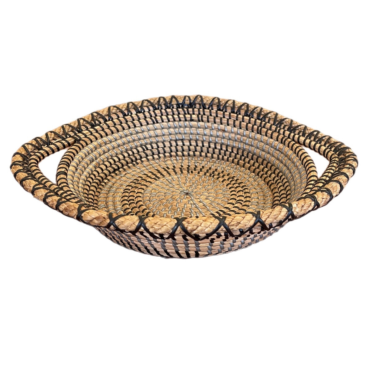 Vintage Hand Woven Coil Basket With Handles 16” African