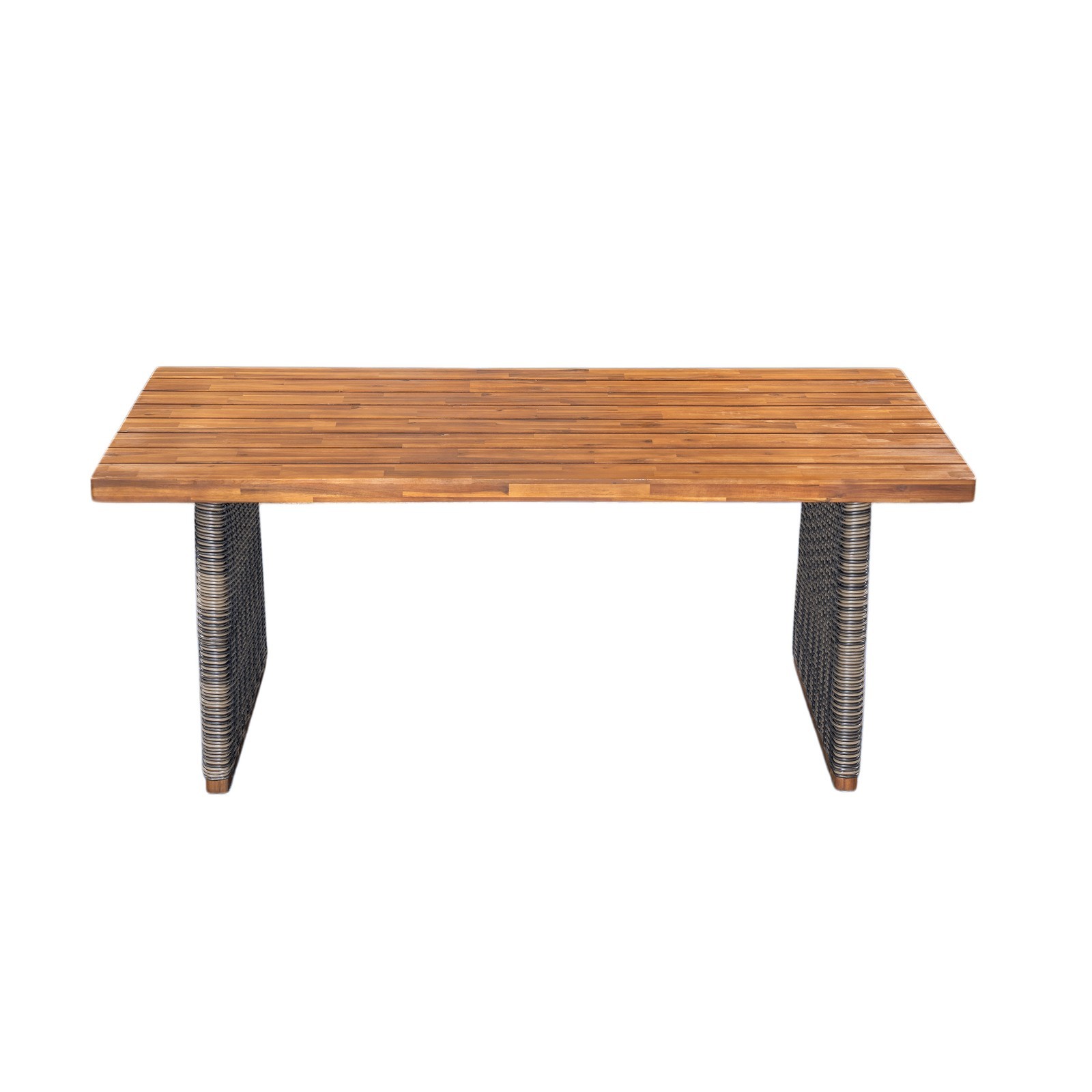 Outdoor Acacia Wood Dining Table, Teak Finish Tabletop with Brown Wicker Base