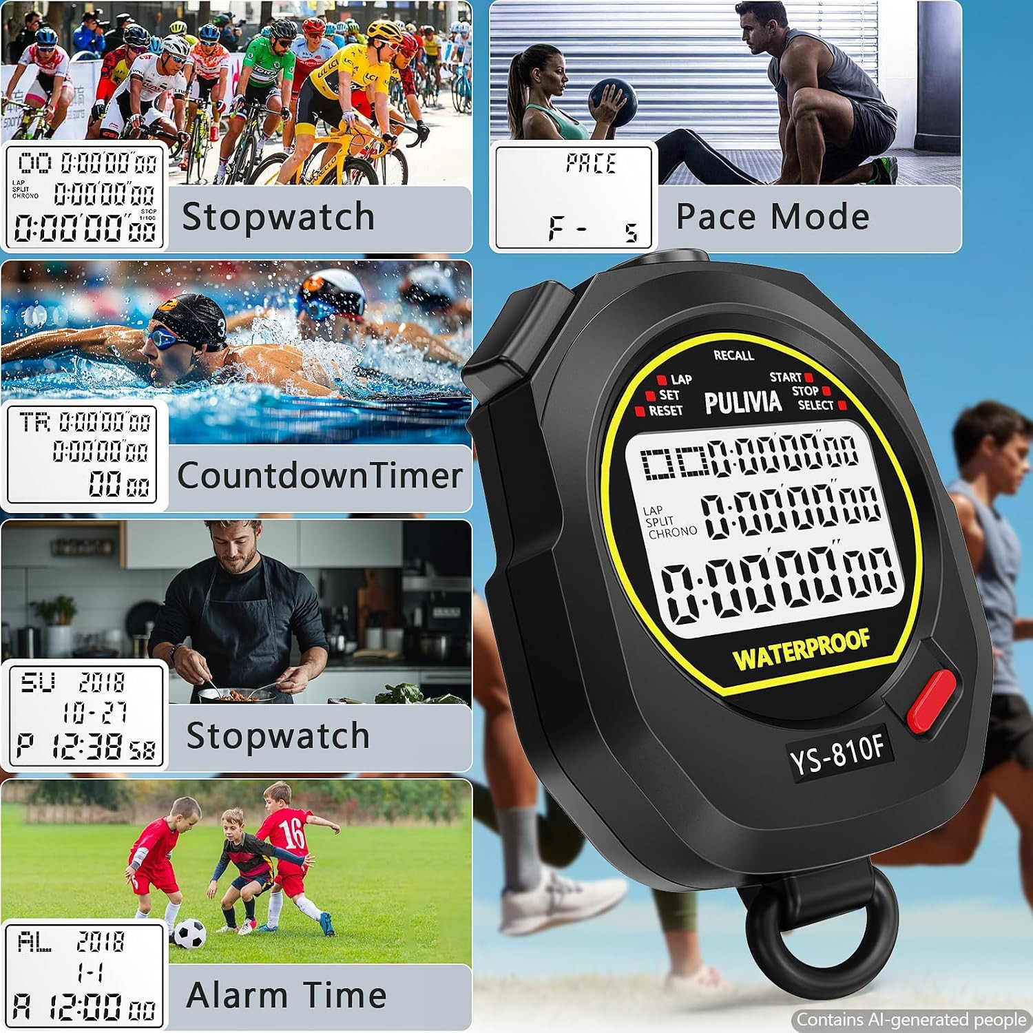 Stopwatch Timer Lap Split Digital Stopwatch with Clock Calendar Alarm, Large Di