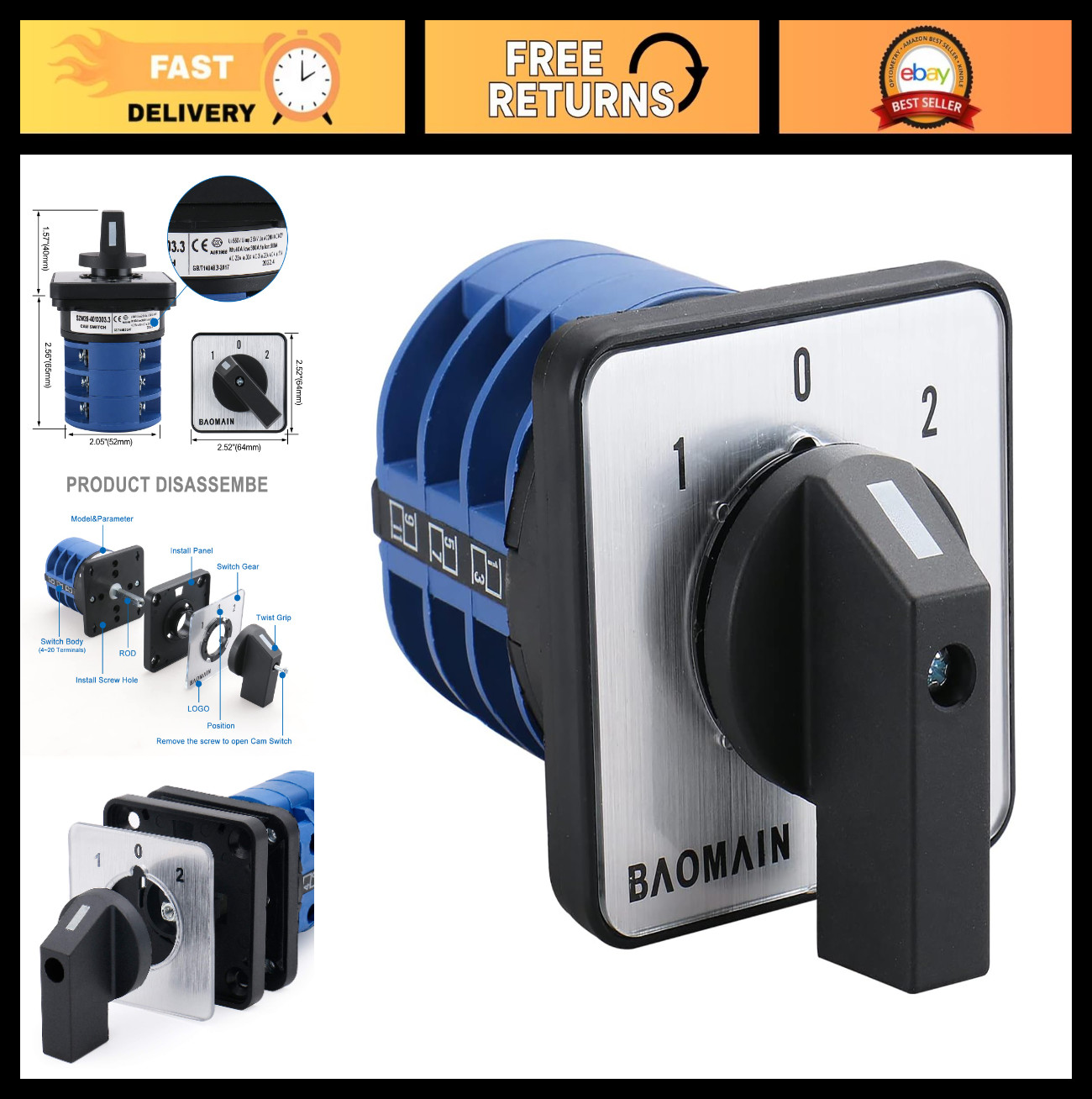 40A Rotary Cam Changeover Switch AC 660V 3-Phase 12-Terminal Latching Cam Switch