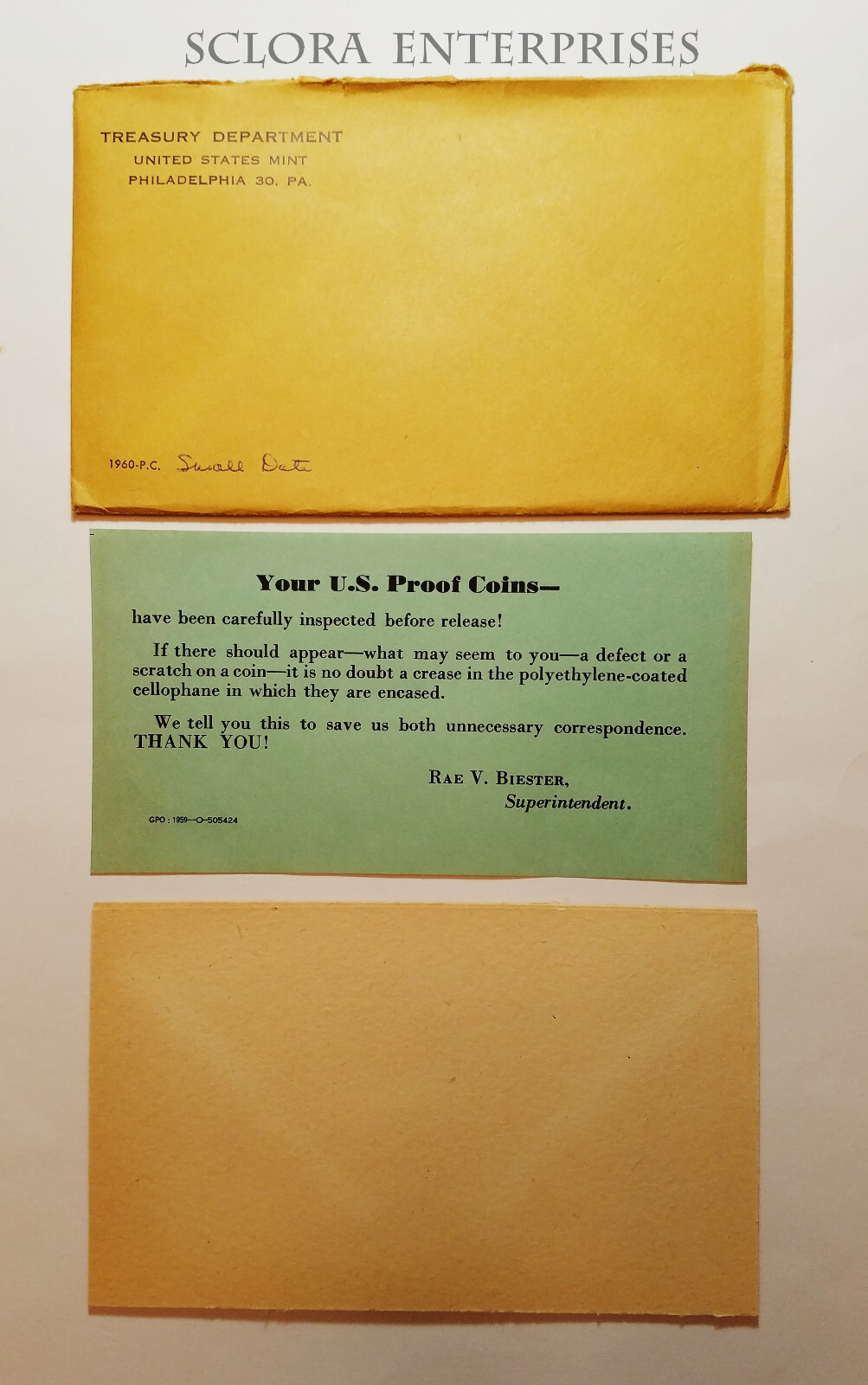 1960 Proof Set Envelope ONLY **CULL** **FREE SHIPPING**