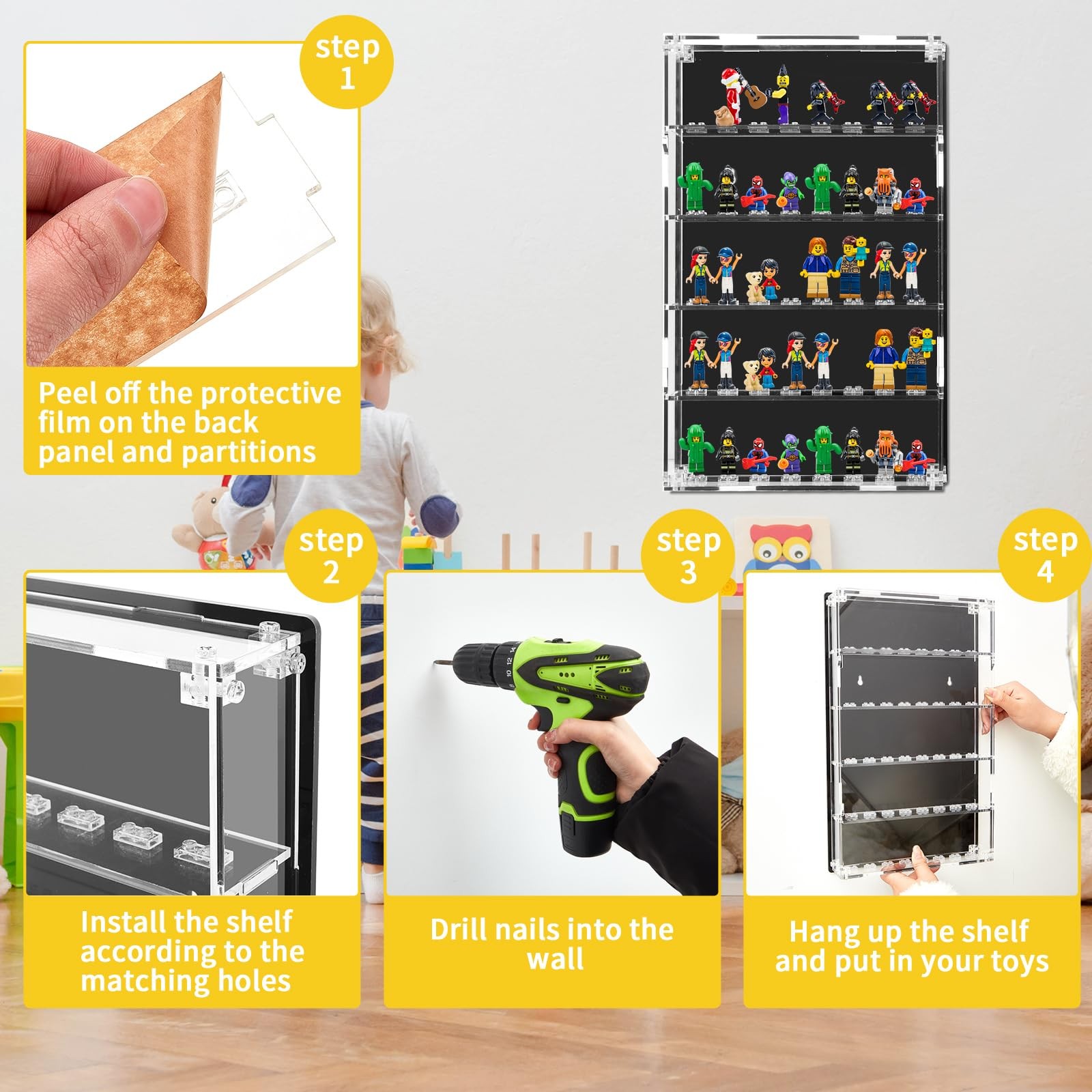 Minifigures Display Case Wall Mounted with Built in Stands for 40 Figurines C...