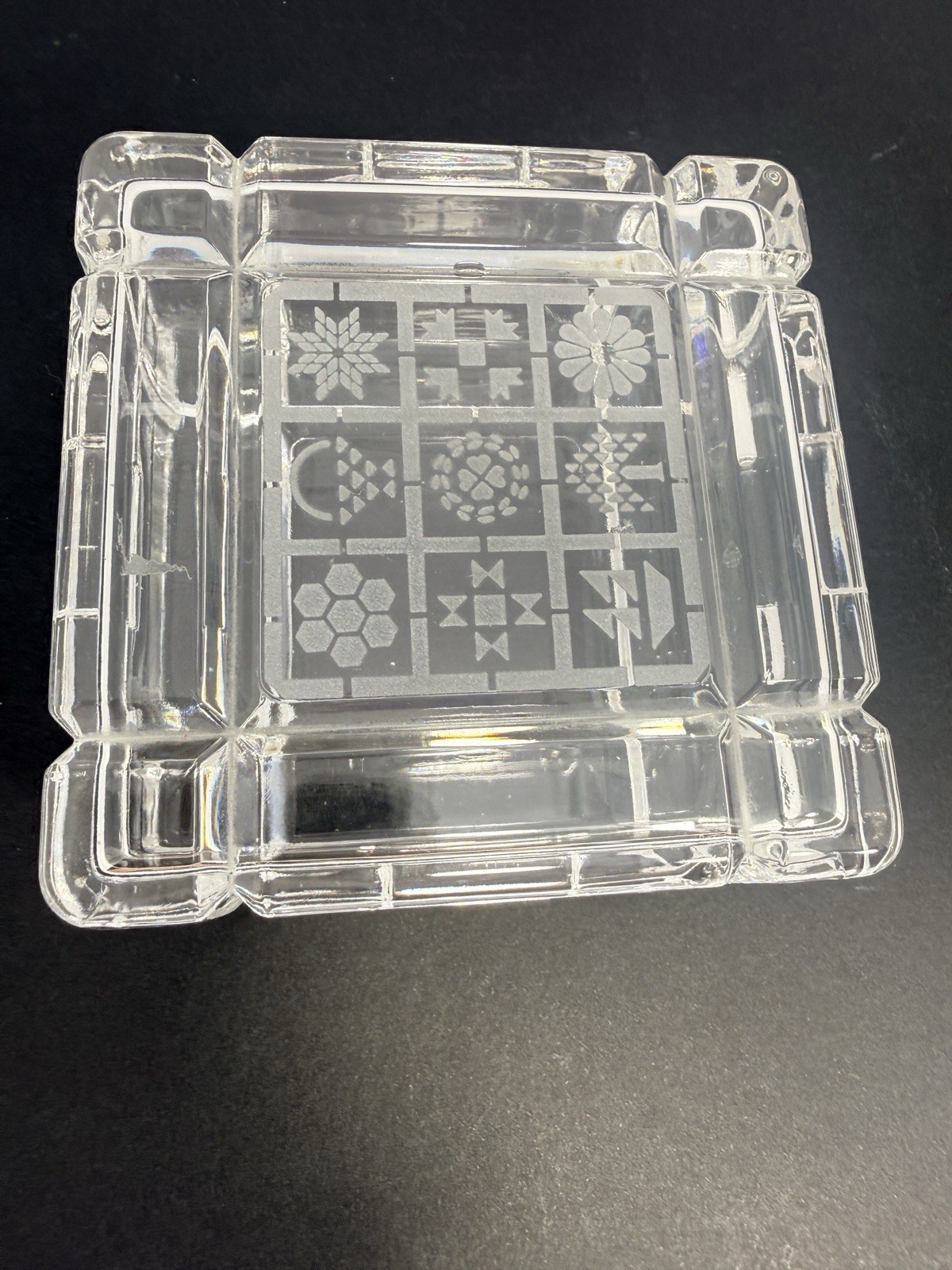 Vintage MCM  Etched Crystal 3.5” Square Jewelry/Trinket Box