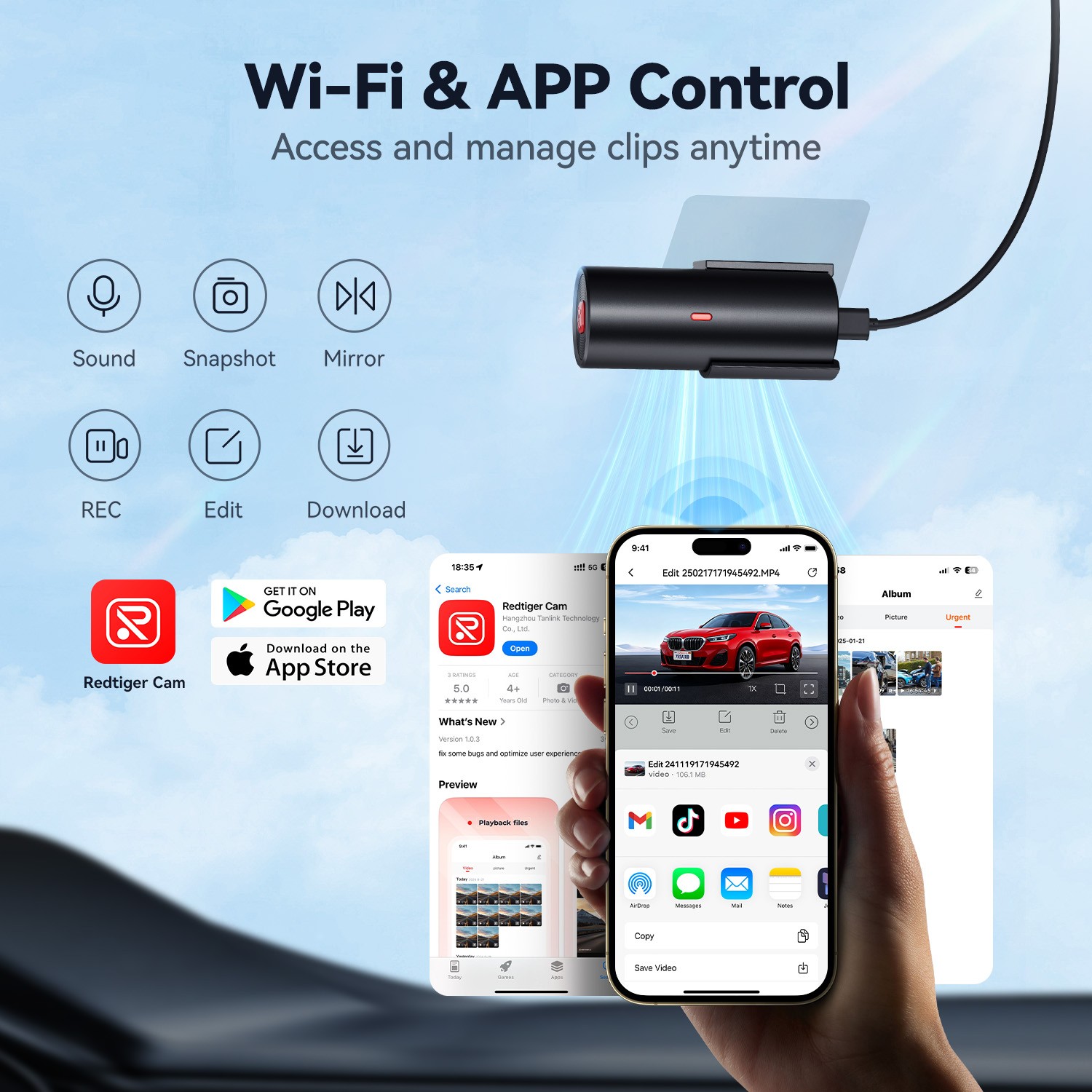 REDTIGER A1 4K Dash Cam APP Control Compact Mini Super Night Vision Hardwire kit