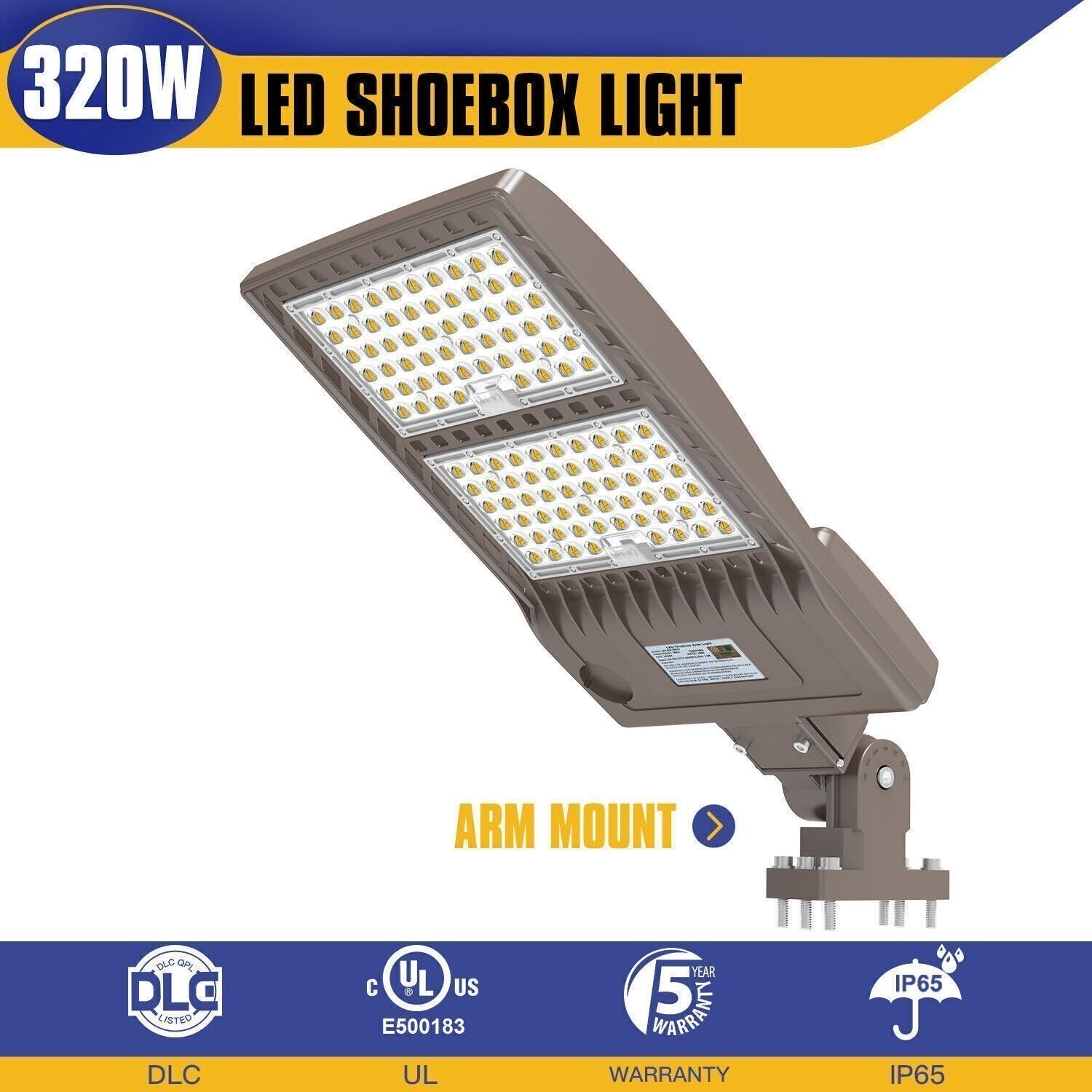 320W LED Parking Lot Light 44,800LM Commercial Outdoor Street Shoebox Light DLC