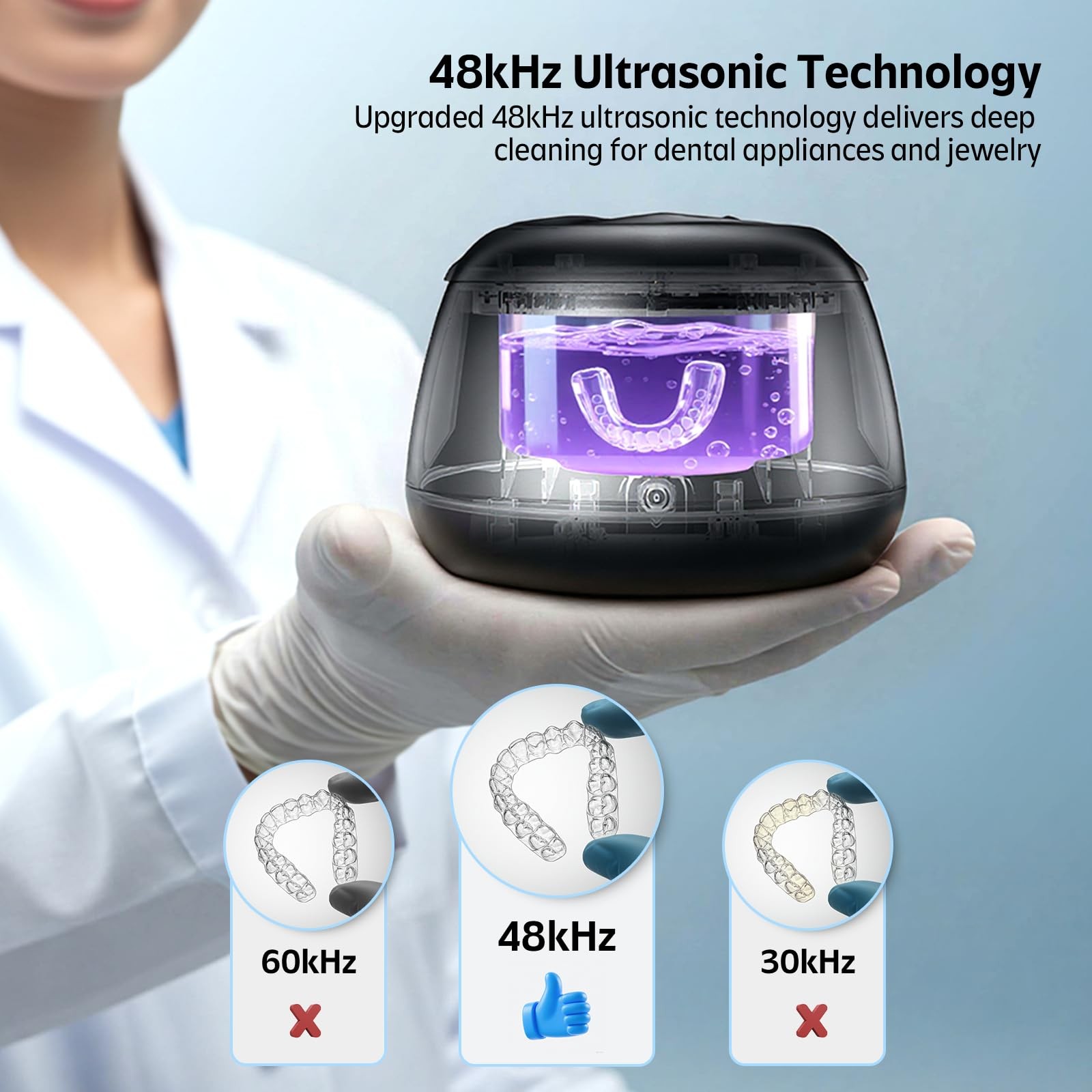 Ultrasonic Retainer Cleaner Machine 48kHz Denture and Aligner Cleaning Black
