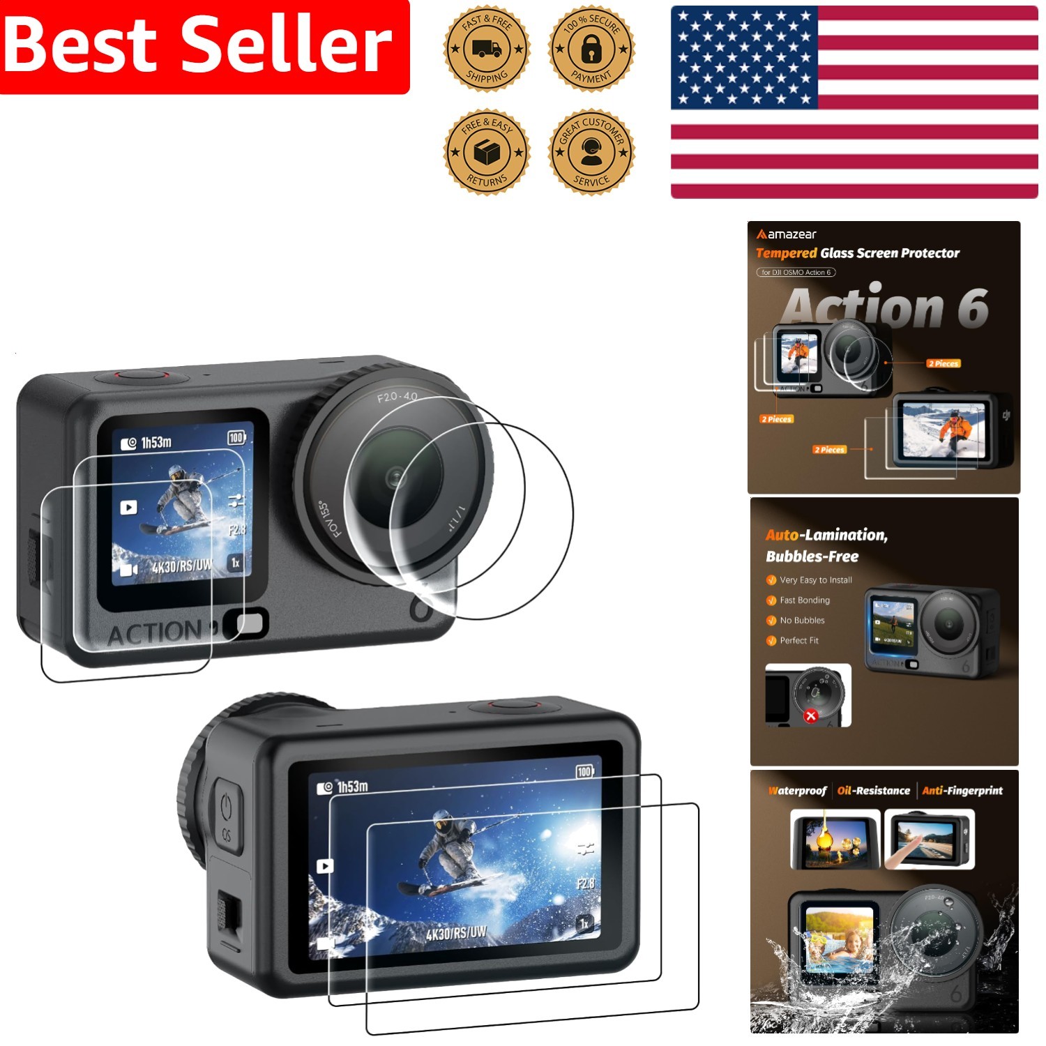 DJI Action 6 Lens Screen Protector 6 Count Tempered Glass Ultra HD Scratch Proof