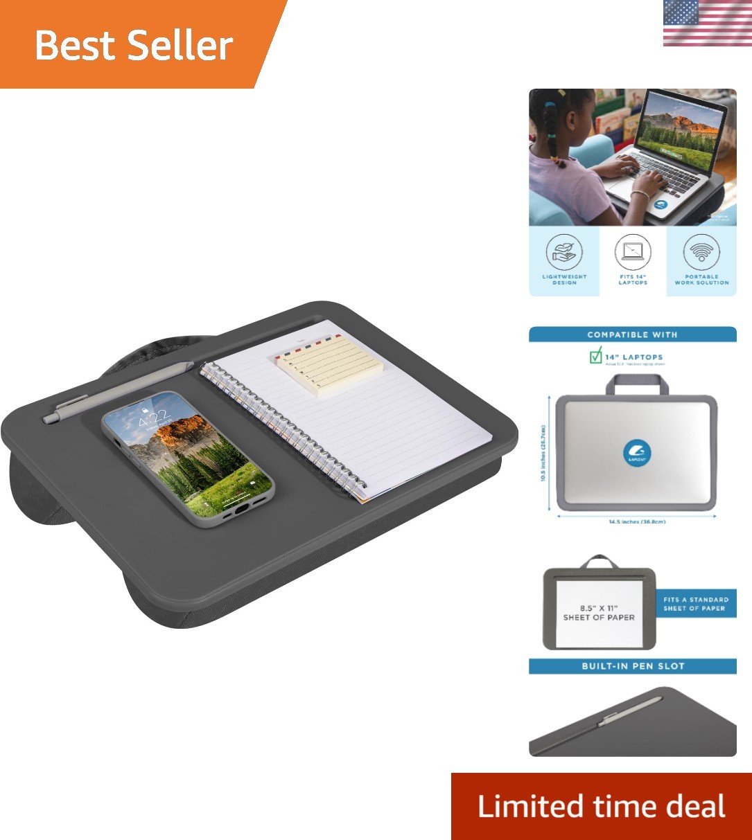 Compact Lap Desk – Charcoal, Fits 14" Laptops | Microbead Cushion, Built-In P...