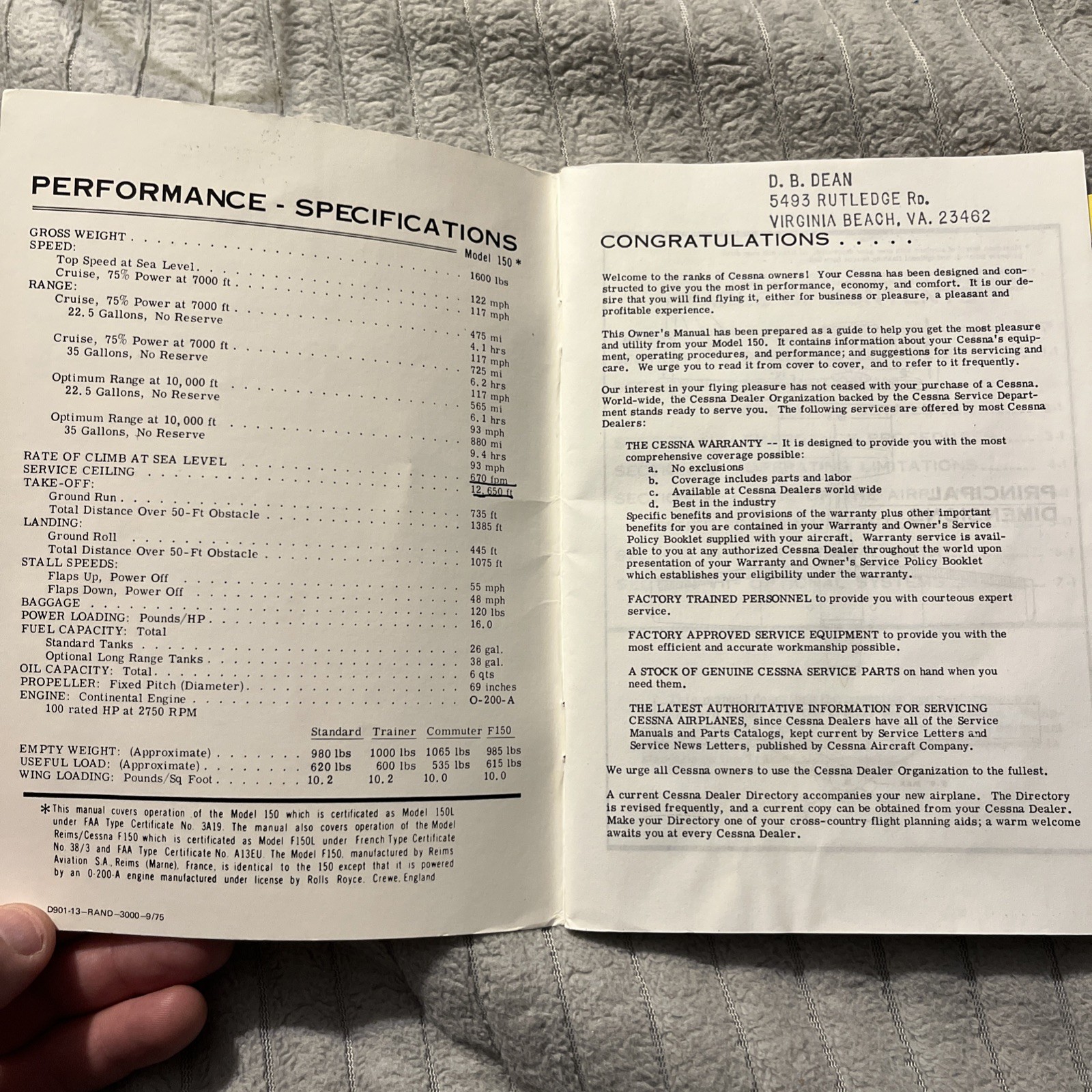 1972 Cessna airplane model 150 owners manual
