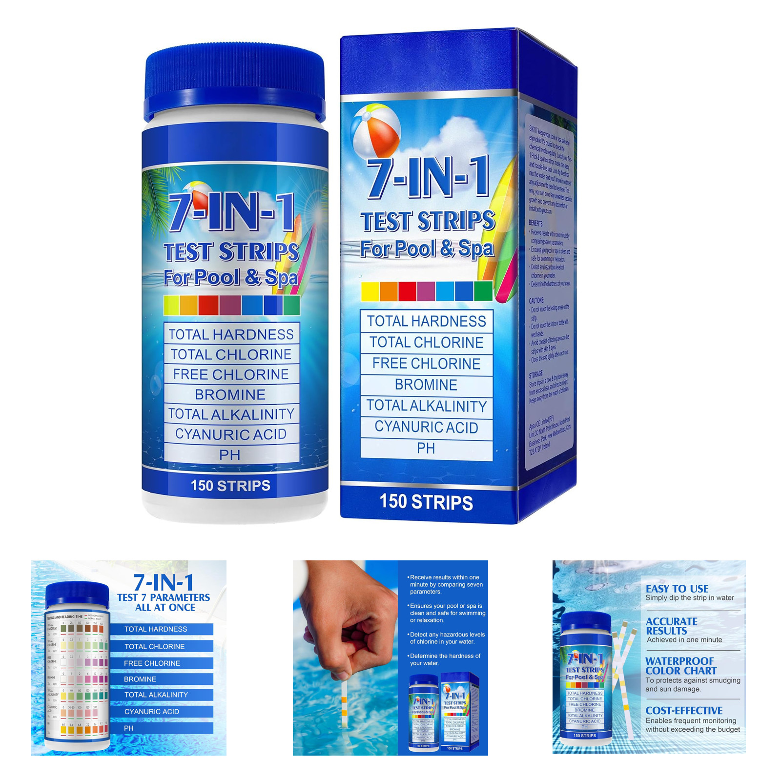 Pool Test Strips 7 in 1 Chlorine Bromine pH Hardness Spa Water Testing Kit