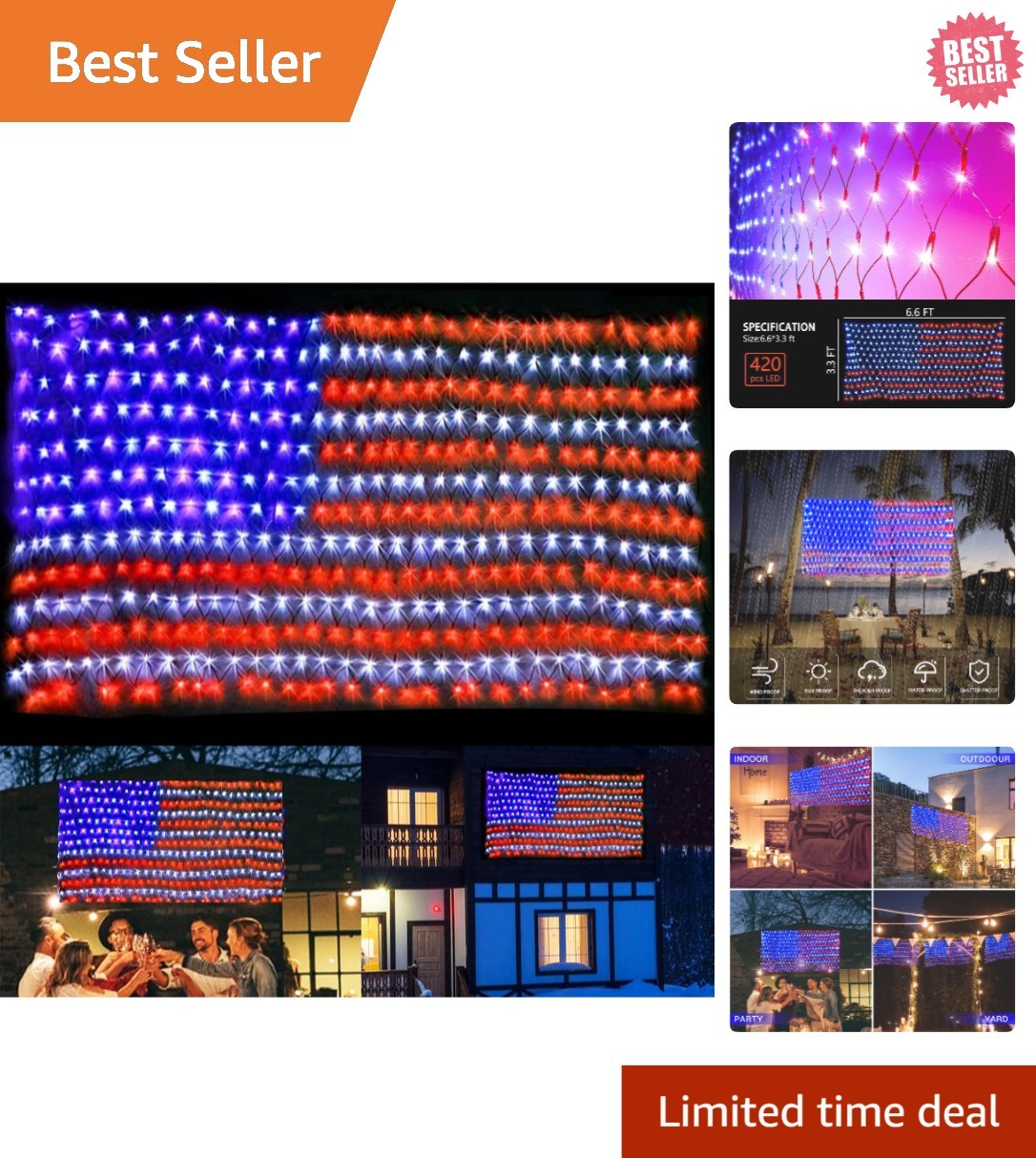 Solar American Flag Lights Outdoor,420 Leds American Flag Net Lights 6.5Ft X 3.2