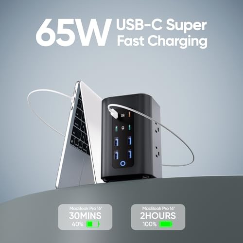 Power Strip Tower, 230W Charging Station with Multiple Devices 5FT Black/Blue