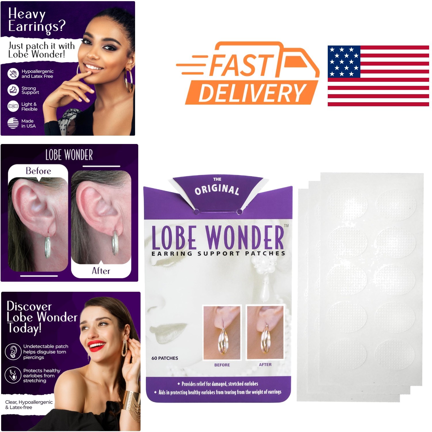 Hypoallergenic Ear Lobe Support Patches for Secure Earring Hold Clear 60 Patches