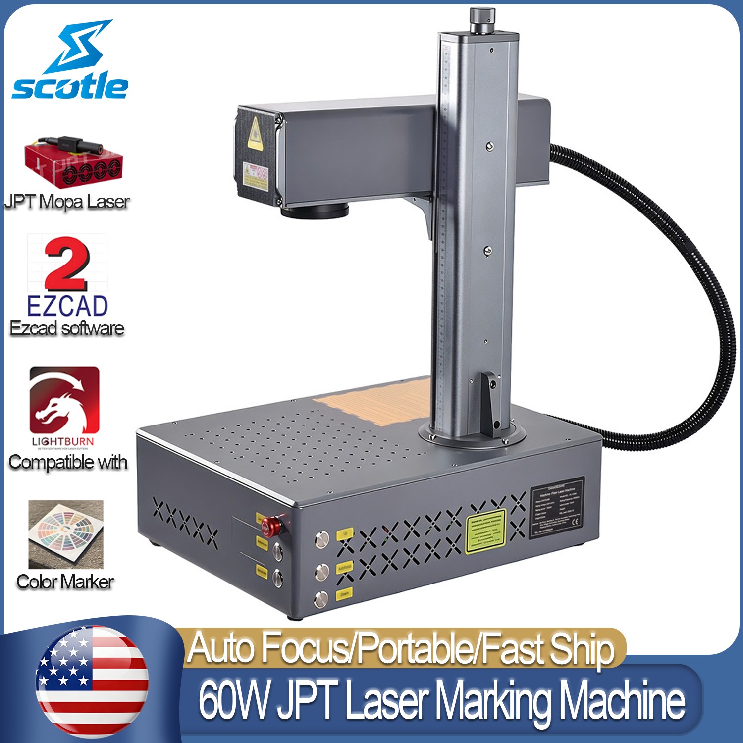 60W Auto Focus JPT Mopa Portable Fiber Laser Marking Machine Metal Engraving US
