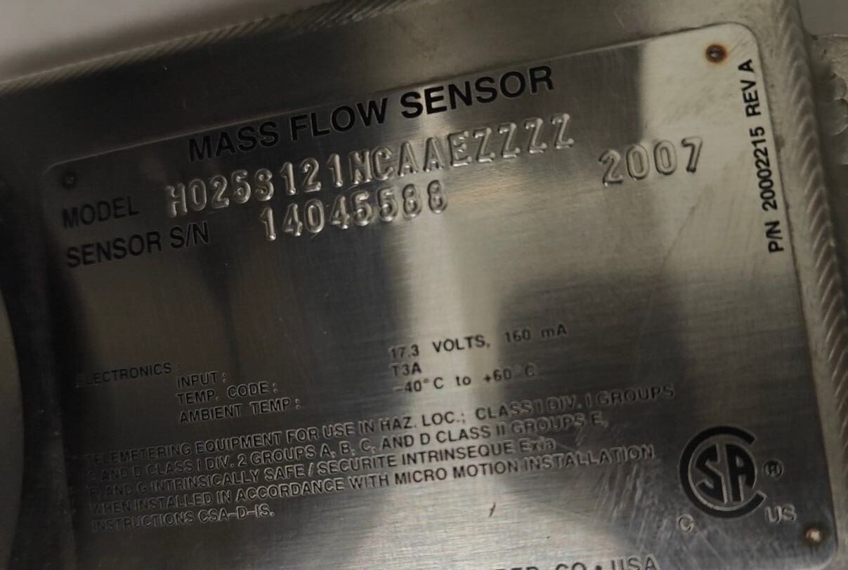 micro motion mass flow sensor M025S121NCAAEZZZZ w/Transmitter 2700112BBAEZZZ