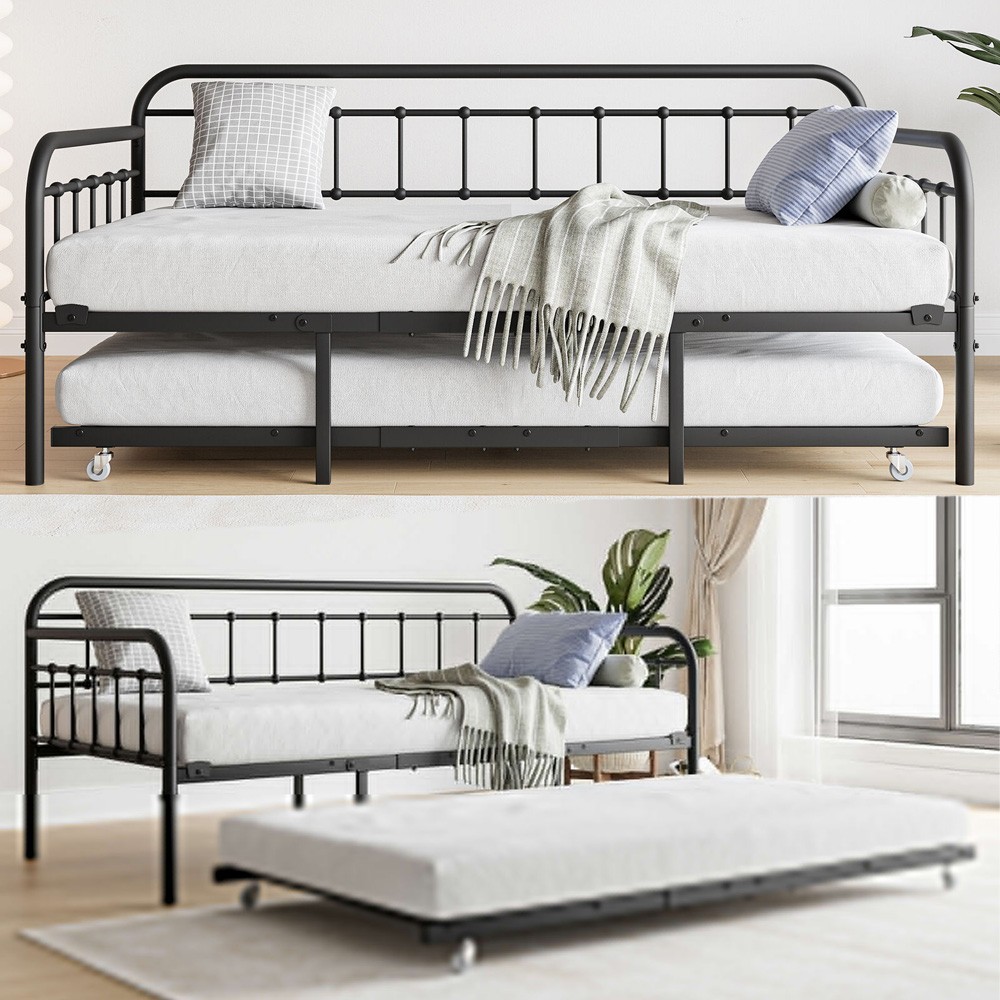 Twin Size Metal Daybed Frame with Trundle, Steel Slat Platform with Headboard