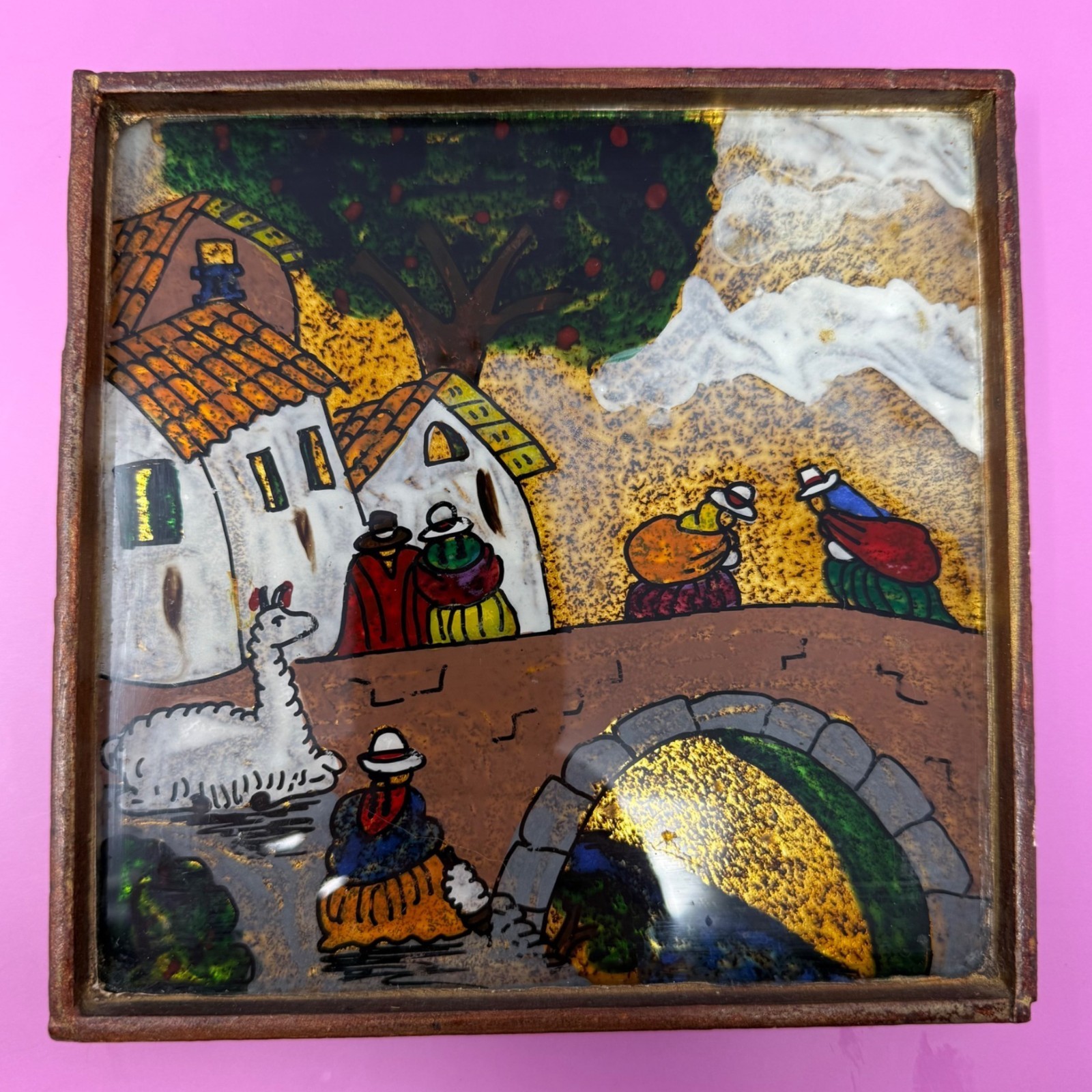 Small Vtg Peruvian Reverse Glass Art Painting Adobe Village Rustic Peru Folk Art
